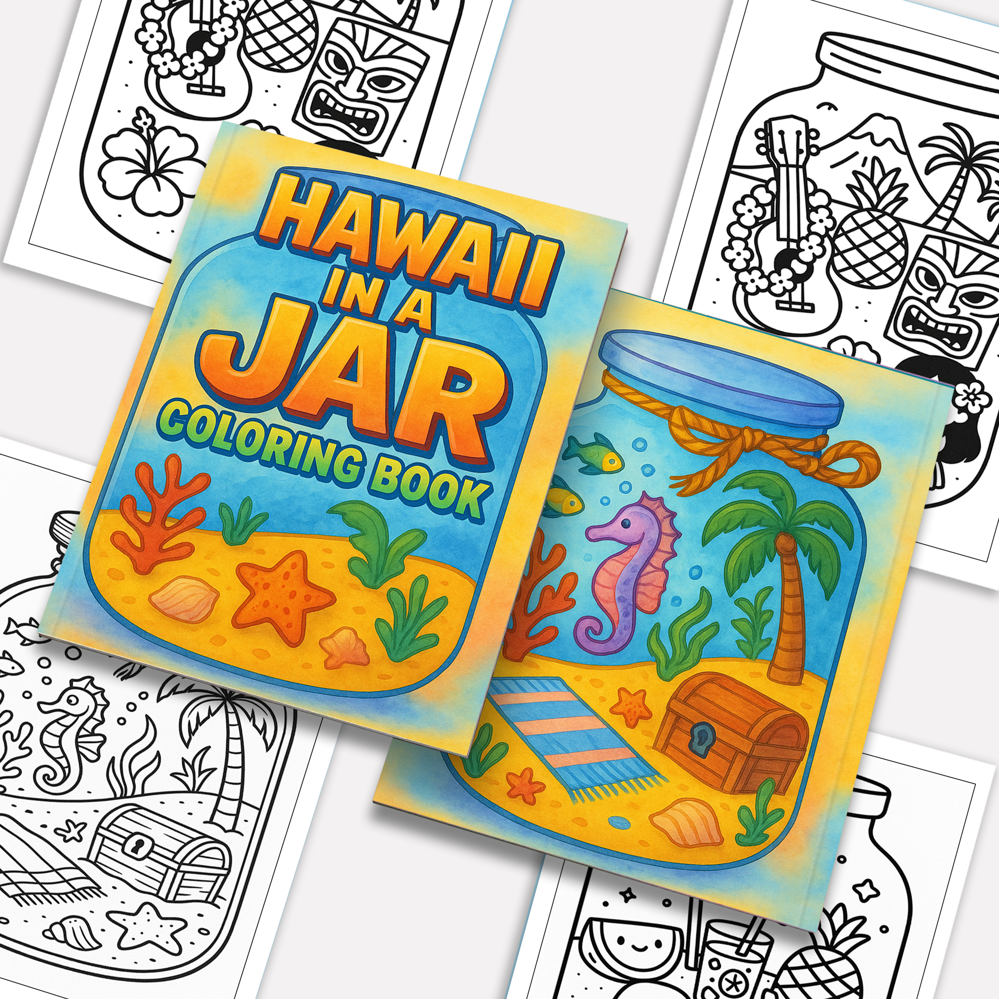 Hawaii in a Jar Coloring Pages – 48 Pages – Whimsical, Relaxing, Beach Aesthetic – For Adults