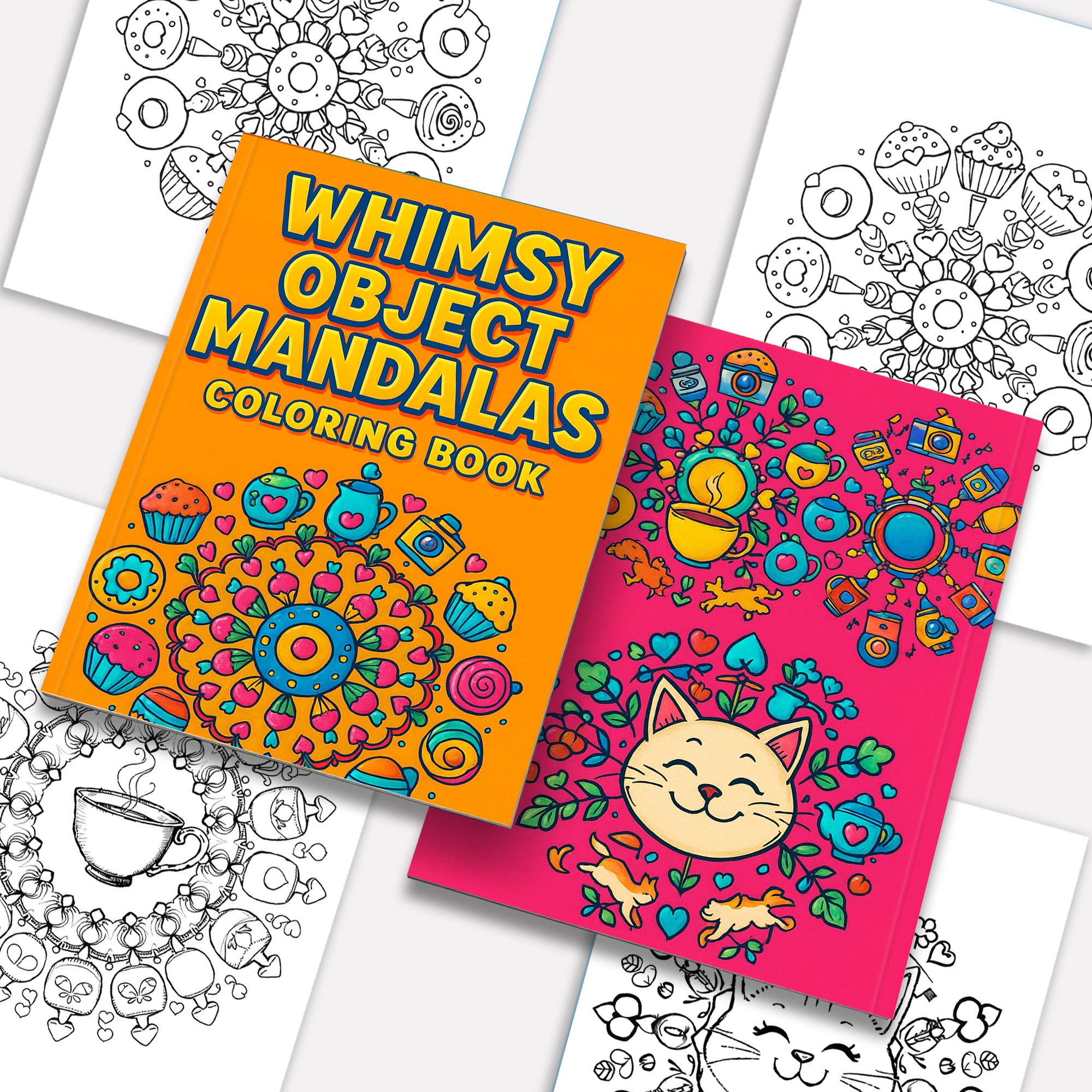 Whimsy Object Mandalas – Mandala Coloring Pages – 48 Pages – Donuts, Teacups, Cats & Cute Surprises – For All Ages