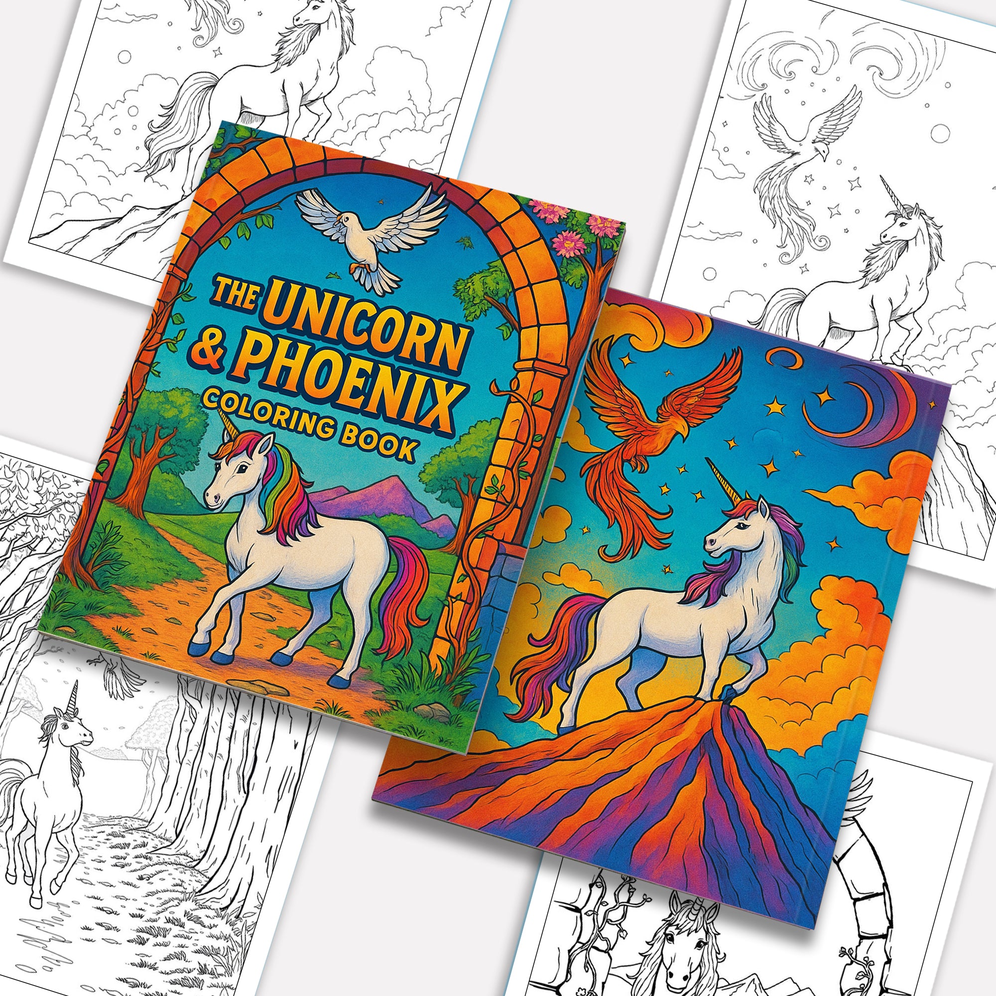 The Unicorn & Phoenix – Coloring Pages – 48 Mythical Journey Scenes – For Kids and Adults