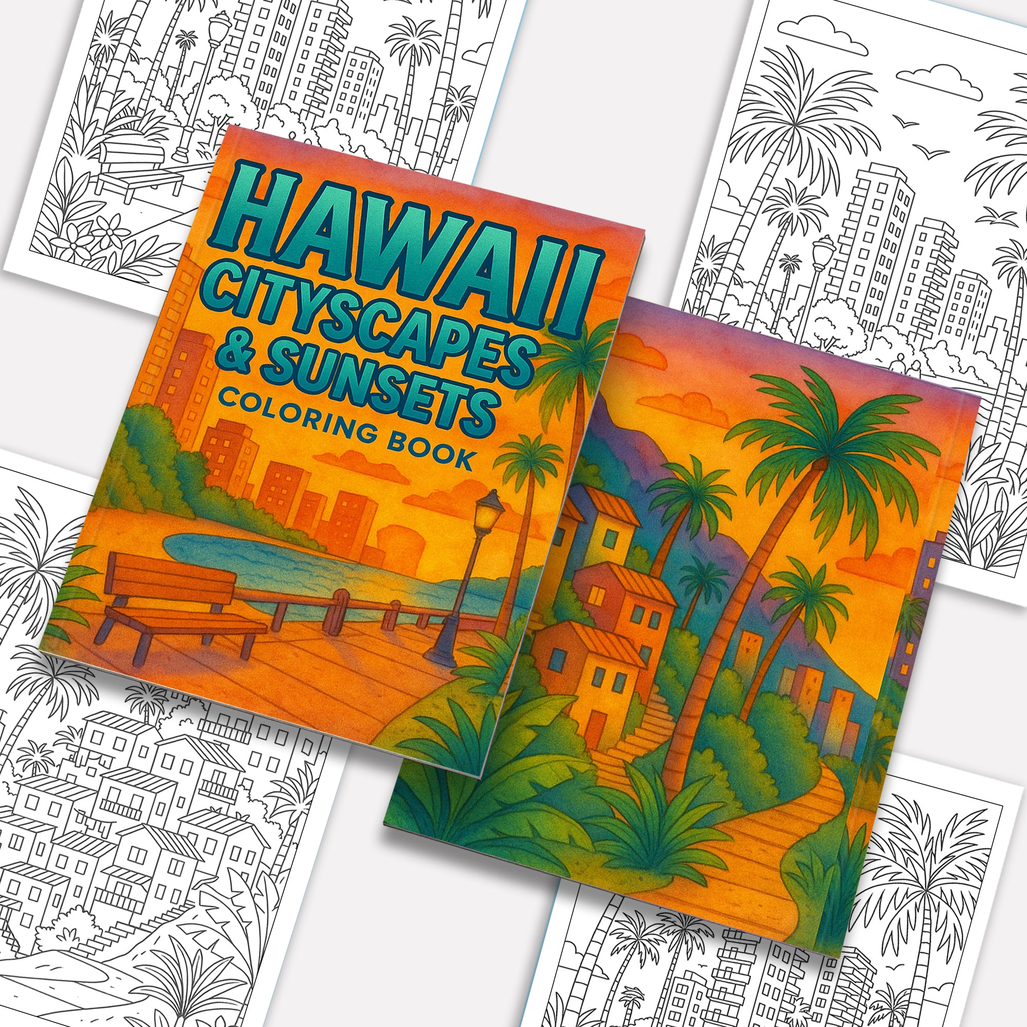 Hawaii Cityscapes & Sunsets – Hawaii Coloring Pages – 48 Pages – Tropical Urban Scenes, Sunset Views – For Adults