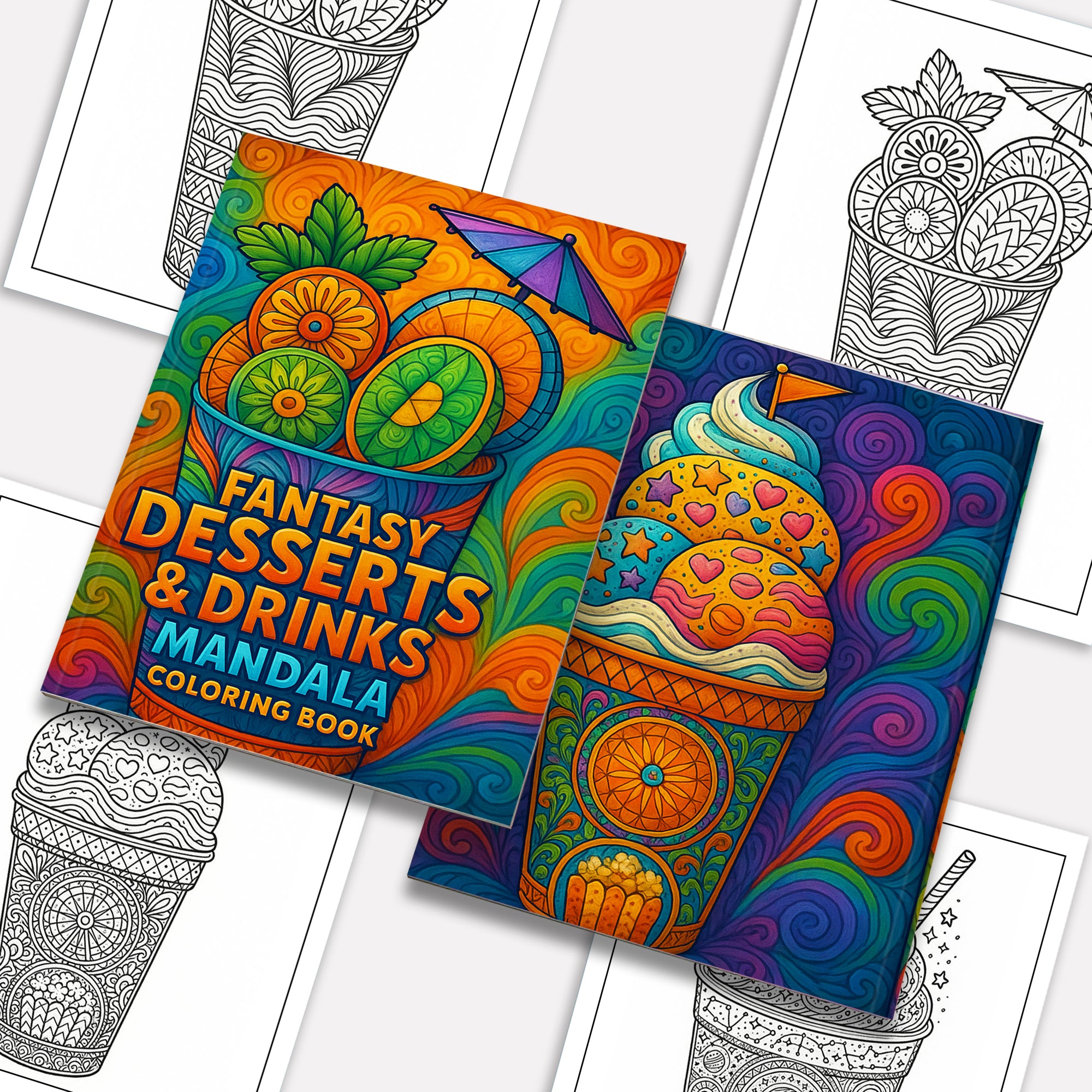 Fantasy Desserts & Drinks Mandala Coloring Pages – 48 Intricate Tropical and Space-Themed Treats for Adults