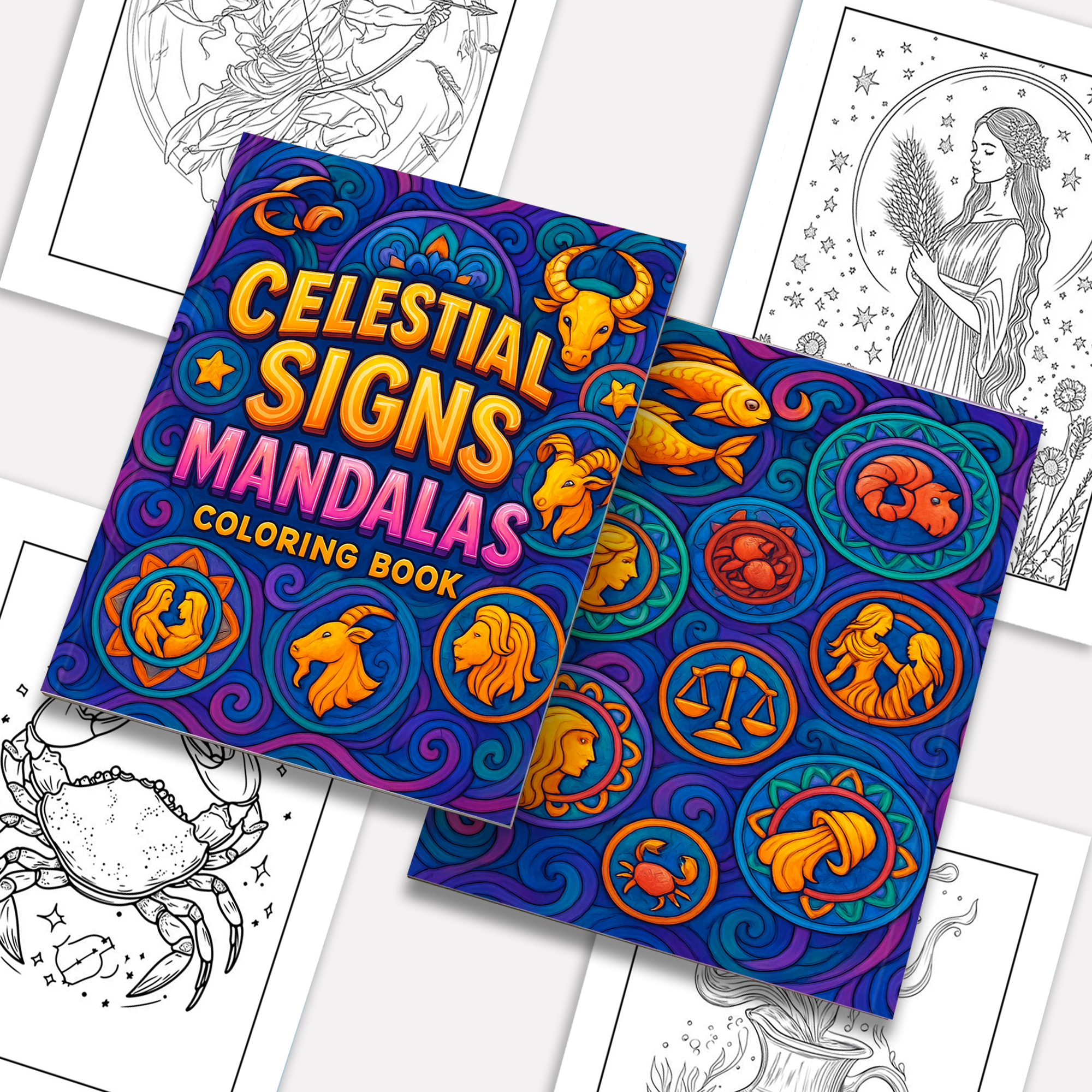 Celestial Signs Mandalas – Zodiac Coloring Pages – 48 Pages – Mystical, Symbolic, Astrological Art – For Adults
