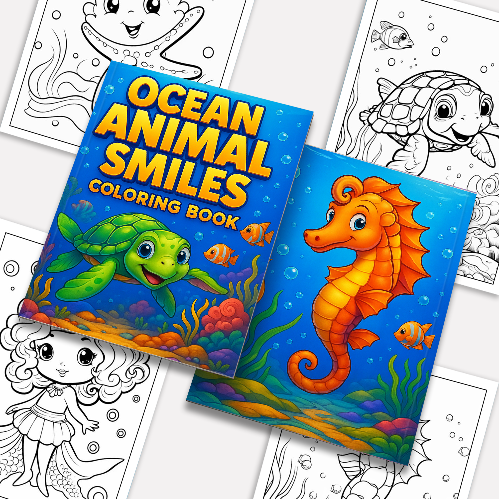 Ocean Animal Smiles – Animal Coloring Pages – 48 Pages – Cute Sea Creatures, Whales, Turtles & Jellyfish – For Kids