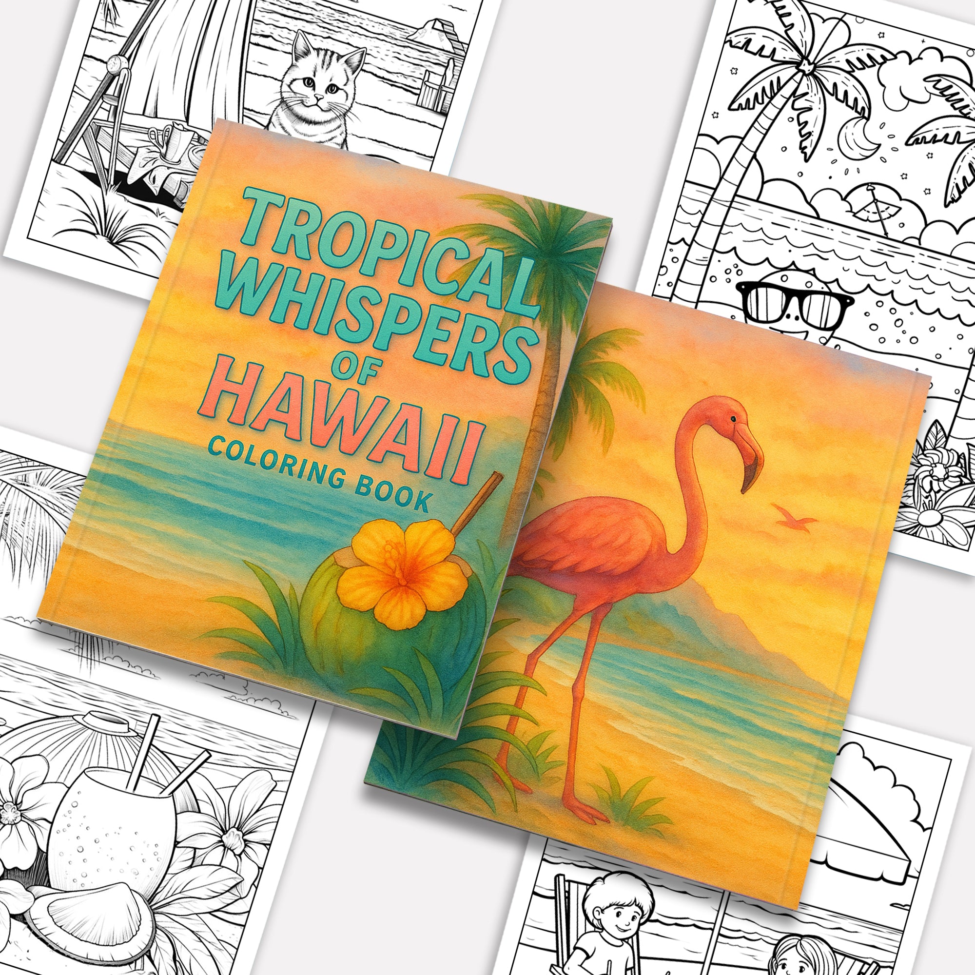 Tropical Whispers of Hawaii Coloring Pages – 48 Serene Island Scenes with Flamingos, Coconuts, and Cats – For Adults