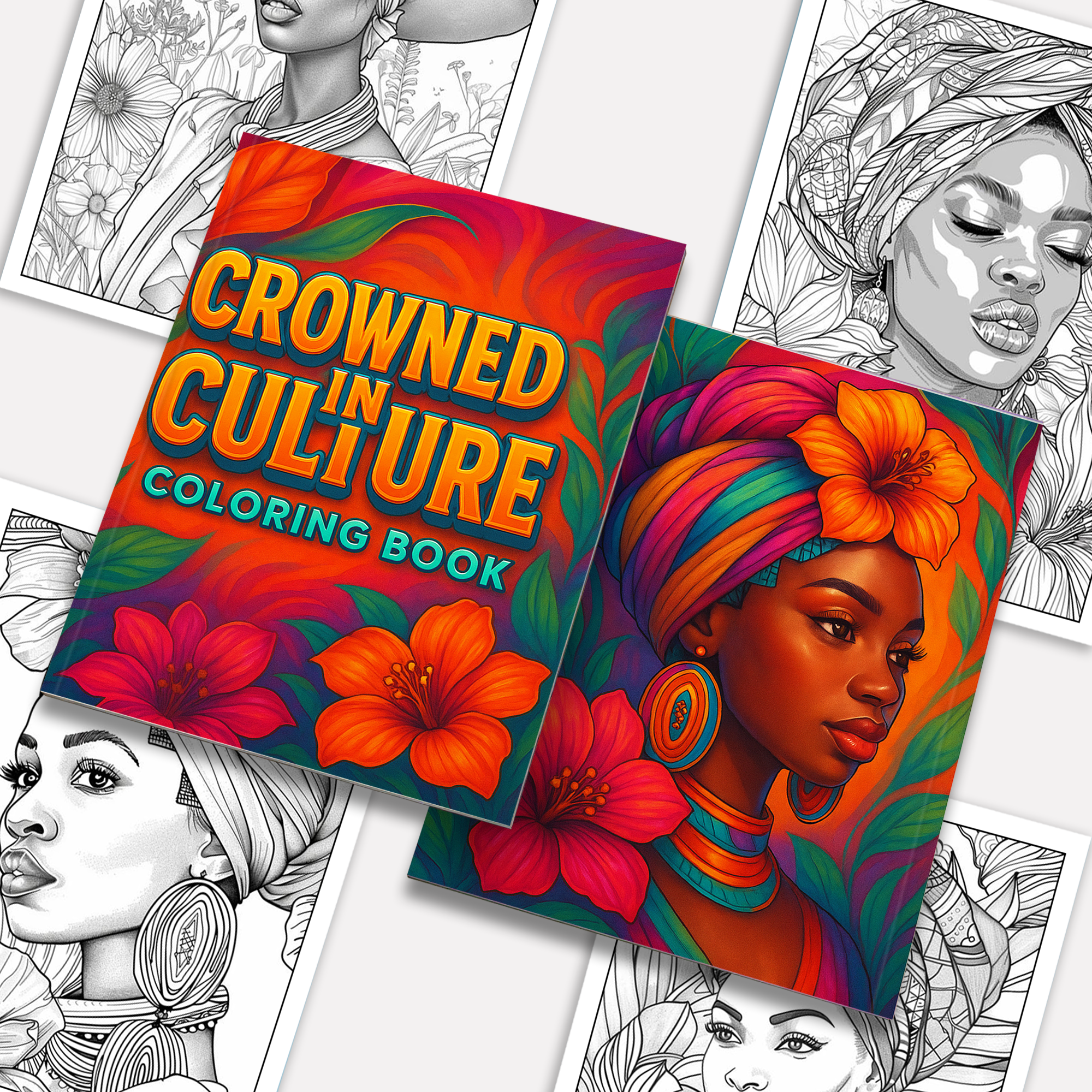 Crowned in Culture Coloring Pages – 48 Pages – African-Inspired Fashion & Natural Beauty for Adults