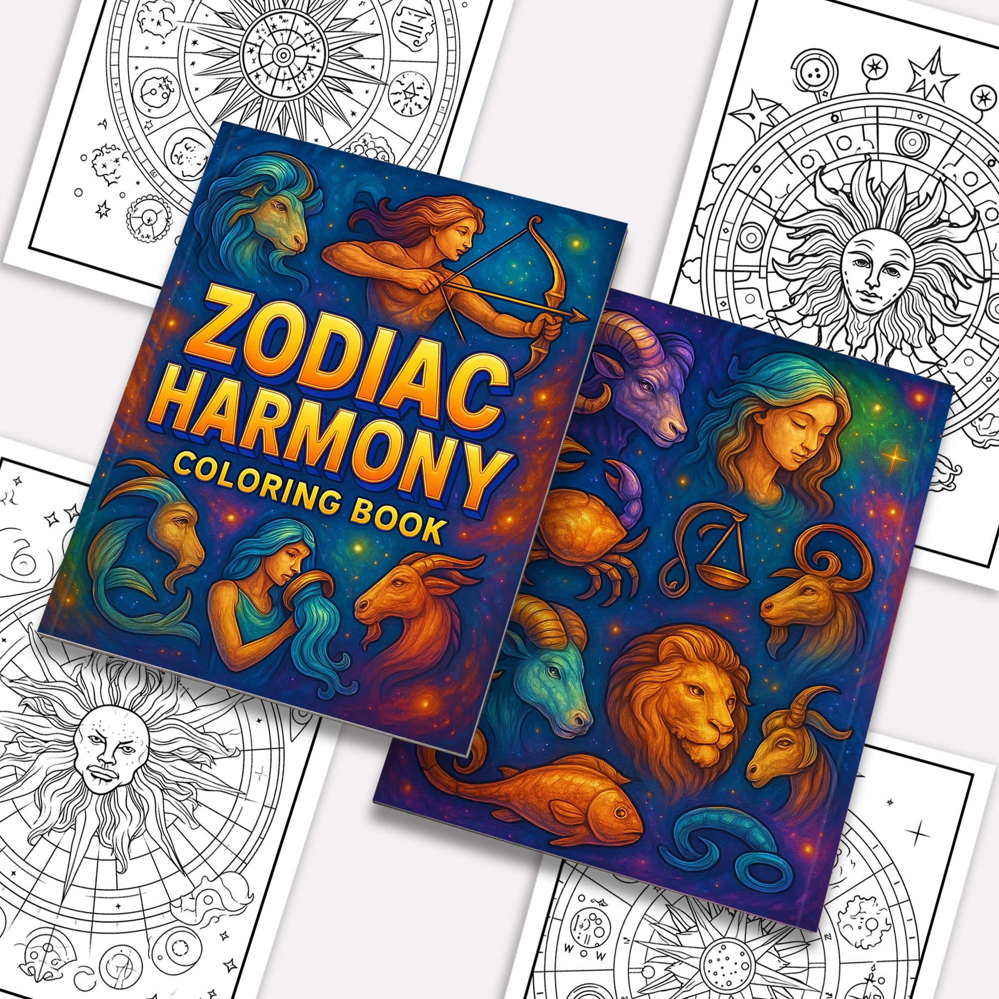 Zodiac Harmony Coloring Pages – 48 Pages – 12 Star Signs, Celestial Art, Spiritual Vibes – For Adults