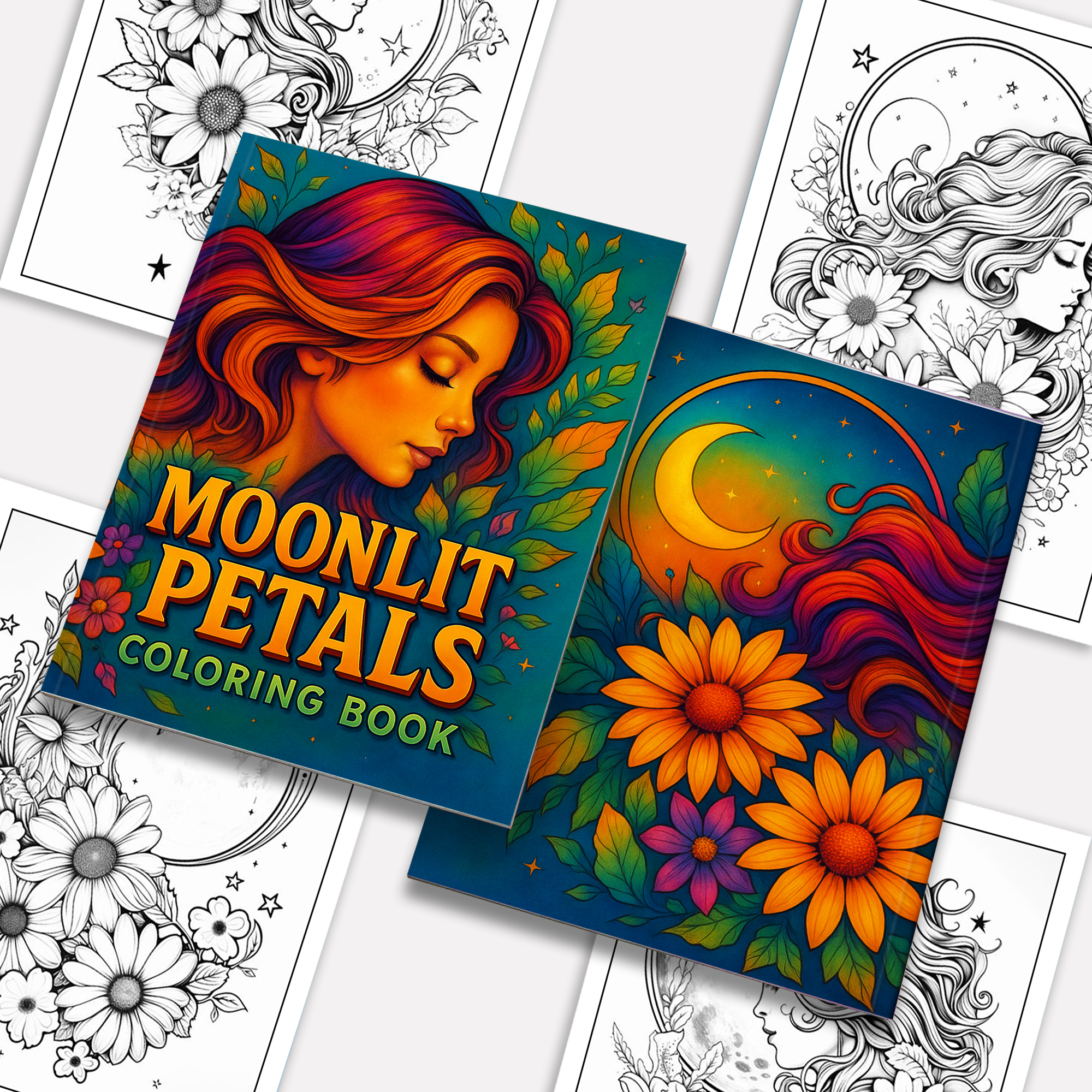 Moonlit Petals – Flower and Moon Coloring Pages – 48 Pages – Feminine, Magical, Nature-Inspired Beauty – For Adults