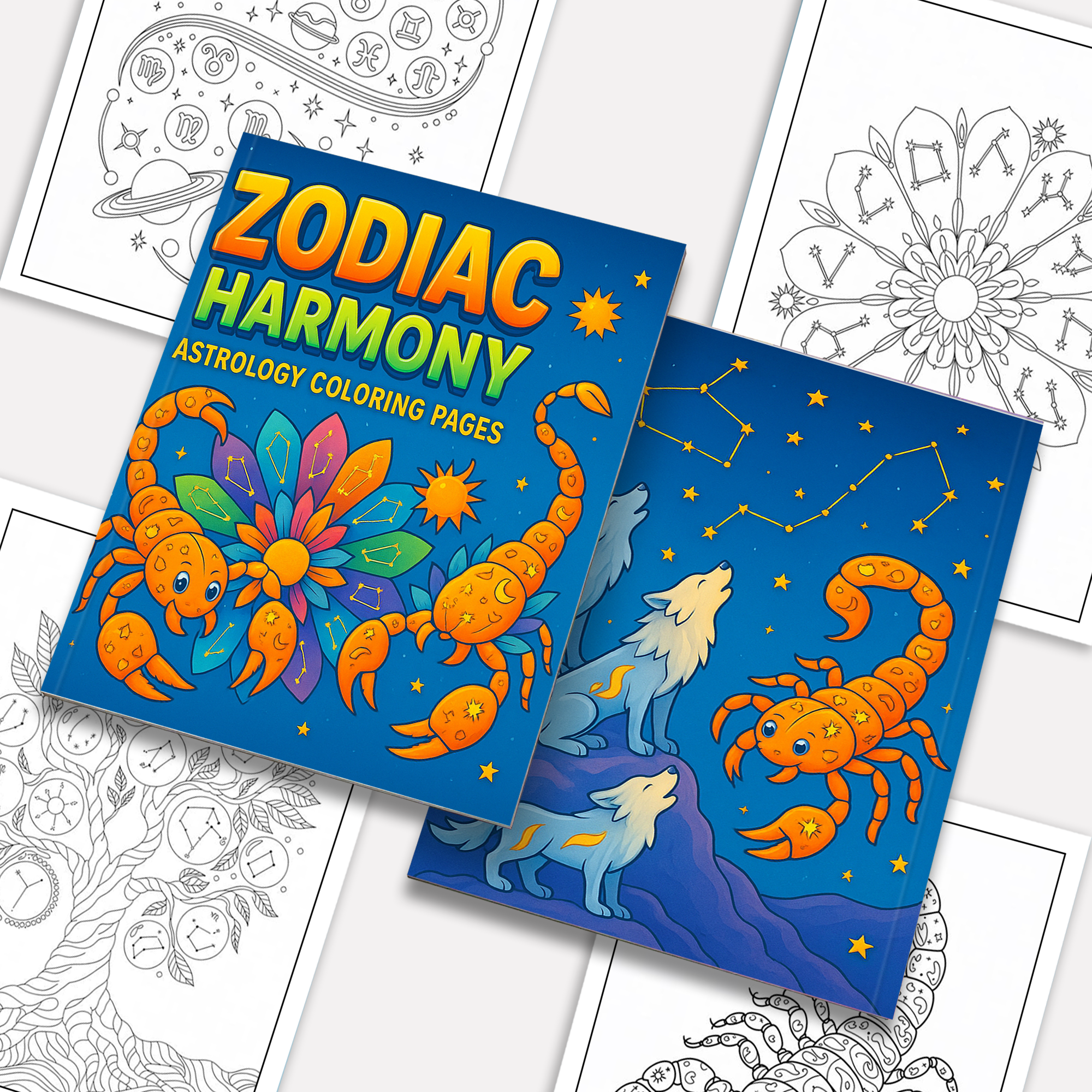 Zodiac Harmony – Astrology Coloring Pages – 48 Pages – Stars, Constellations, Mandala Designs – For Adults