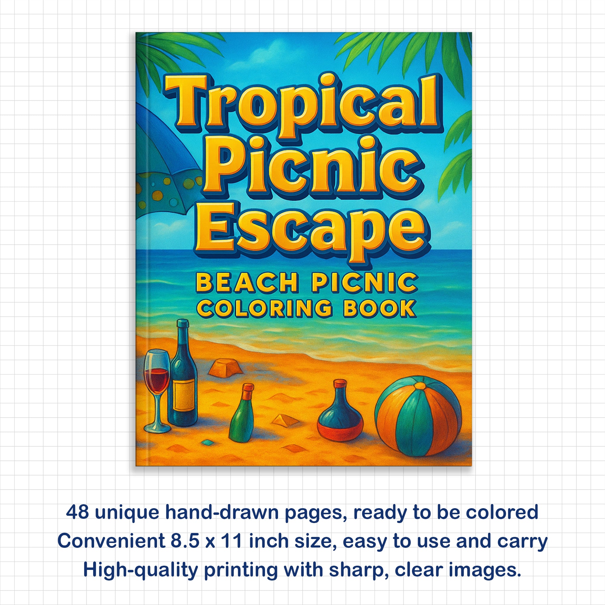 Tropical Picnic Escape Coloring Page – 48 Pages – Beach Picnic Theme – For Adults