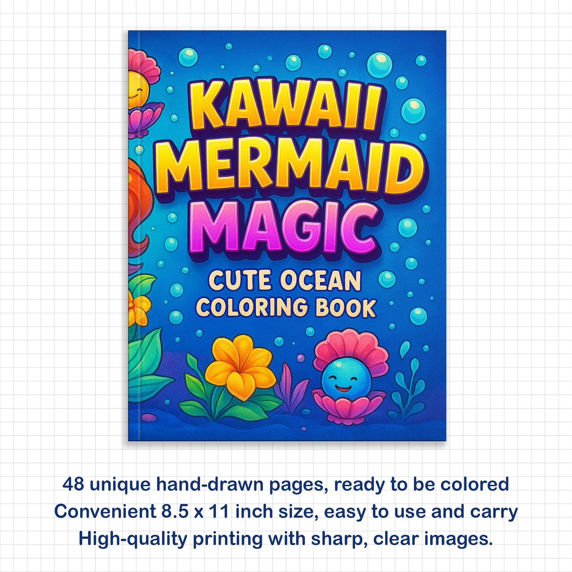 Kawaii Mermaid Magic Coloring Pages – 48 Pages – Cute Ocean, Mermaid, and Sea Life Designs – For Kids