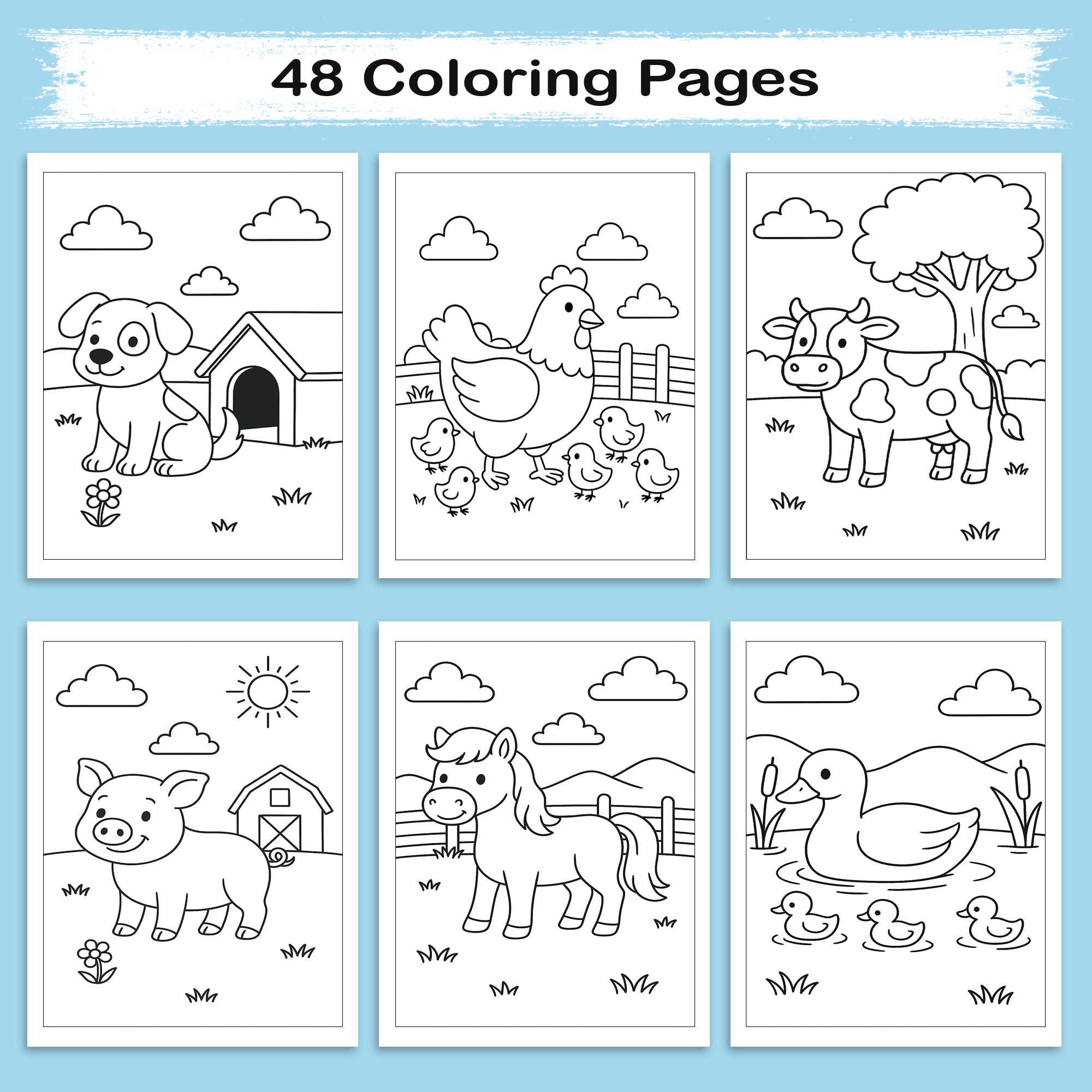 Happy Farm Animals Coloring Book – 48 Fun Coloring Pages for Kids