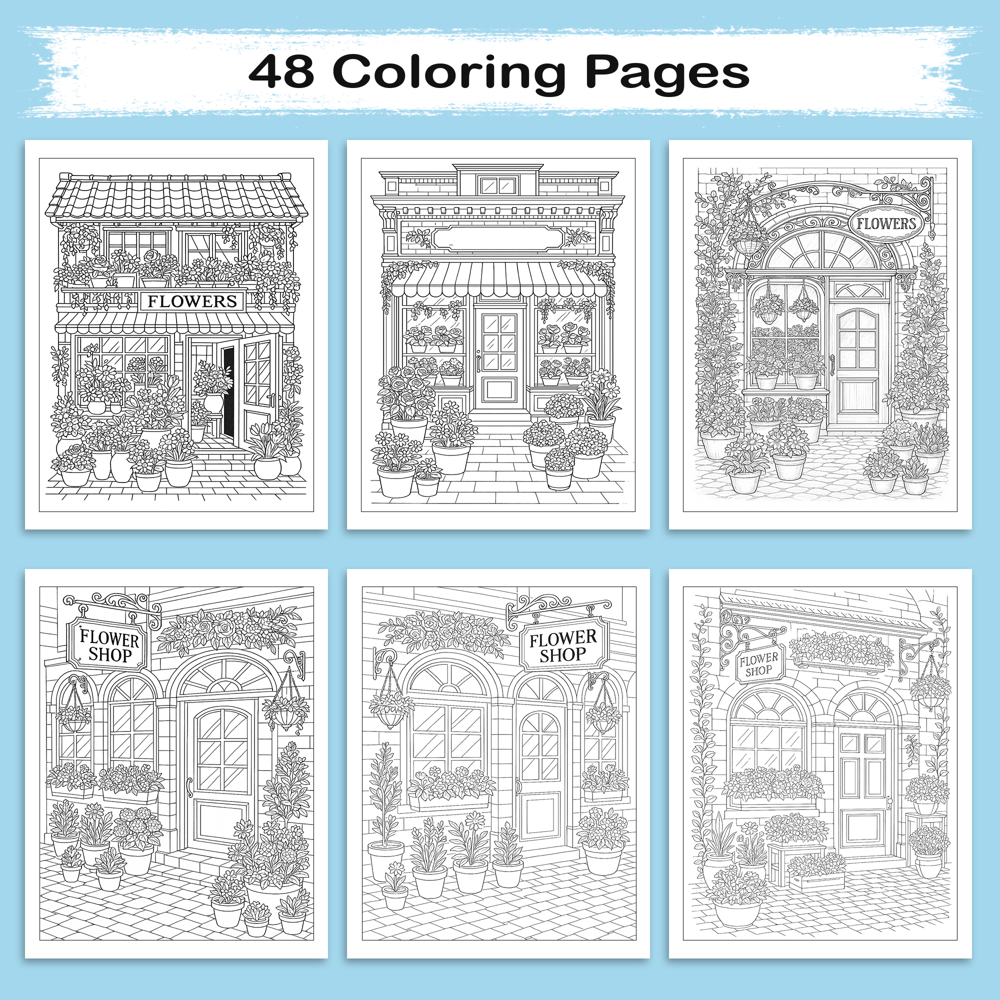 Flower Storefront Coloring Book - Romantic Streets and Blossoming Window Displays