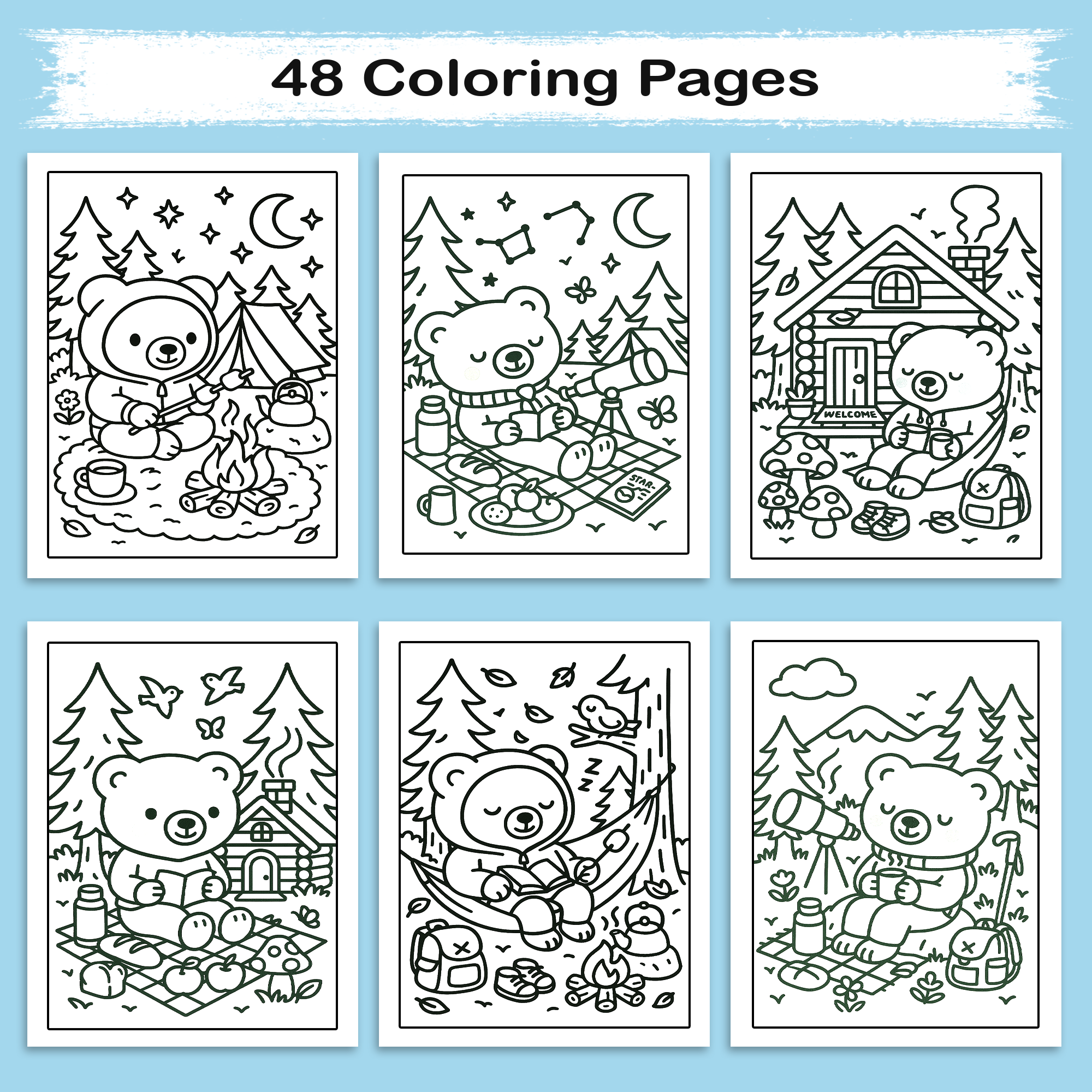 Cozy Nature Getaway Coloring Book – 48 Relaxing Outdoor Scenes with Cute Bears, Camping, Stargazing & Forest Adventures