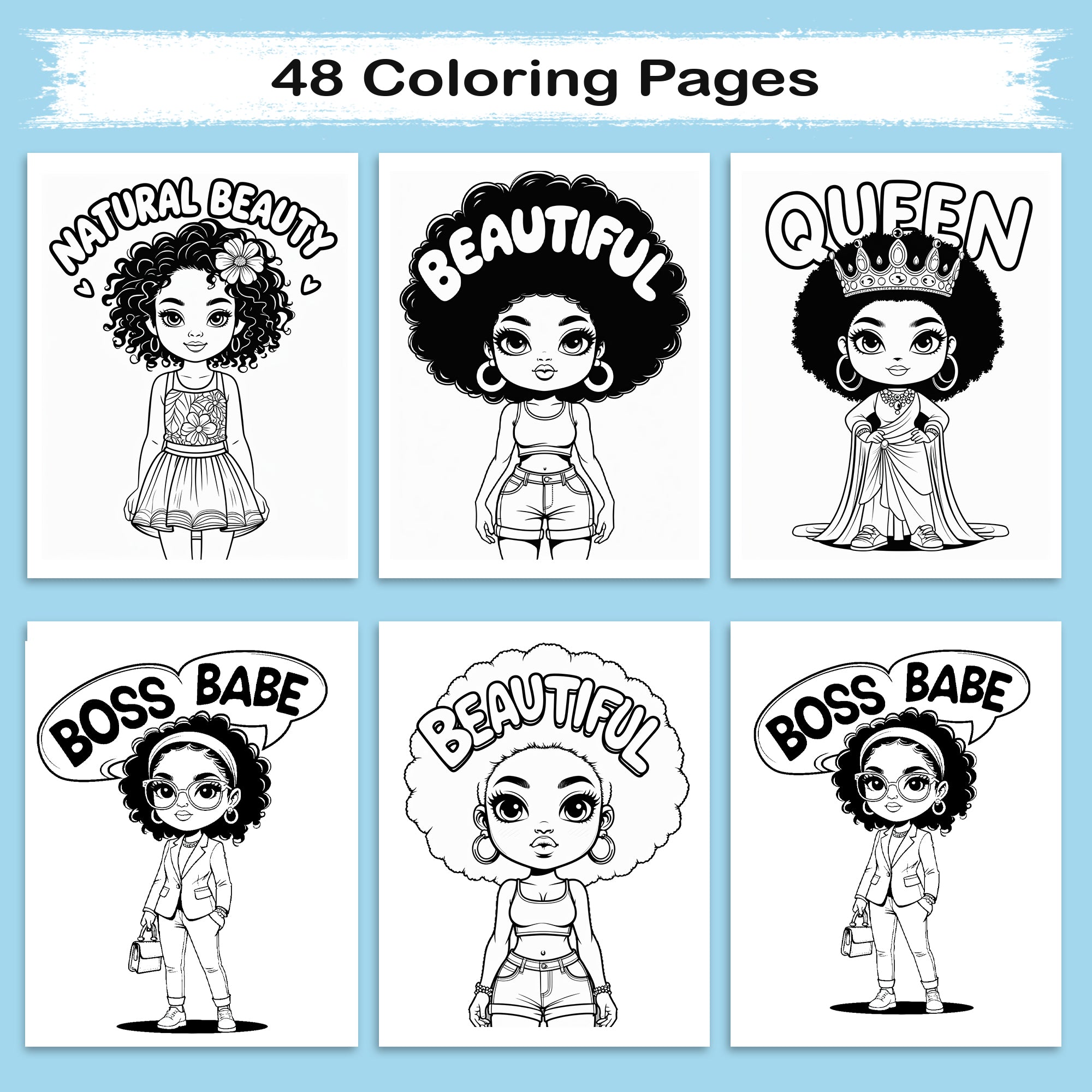 Afro Cuties Coloring Pages – 48 Pages – Cute, Chibi, Black Girl Magic – For Kids