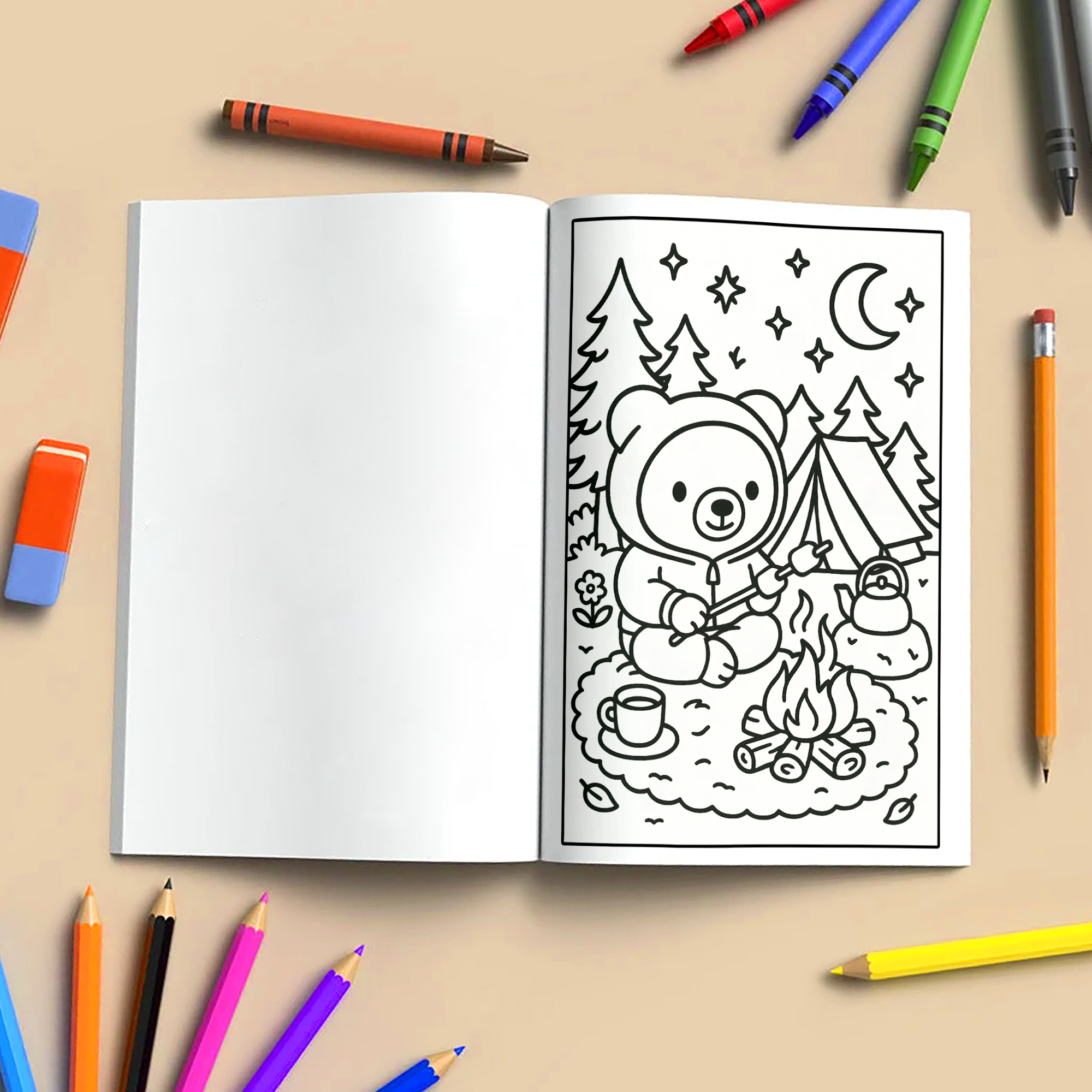 Cozy Nature Getaway Coloring Book – 48 Relaxing Outdoor Scenes with Cute Bears, Camping, Stargazing & Forest Adventures