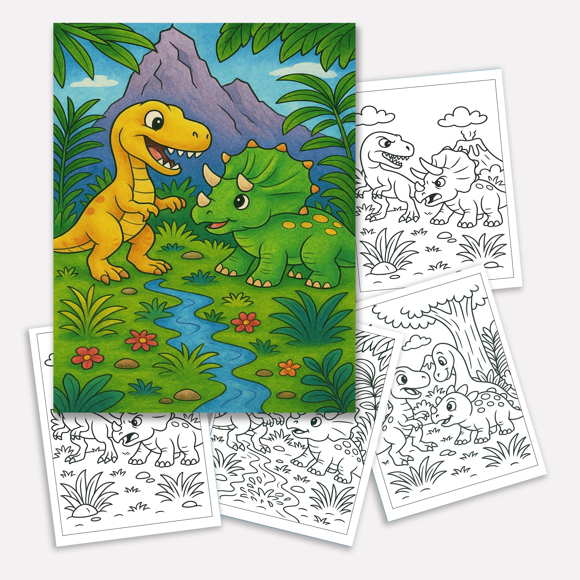 Jurassic Friends & Fights Coloring Pages for Kids – 48 Dino Adventures