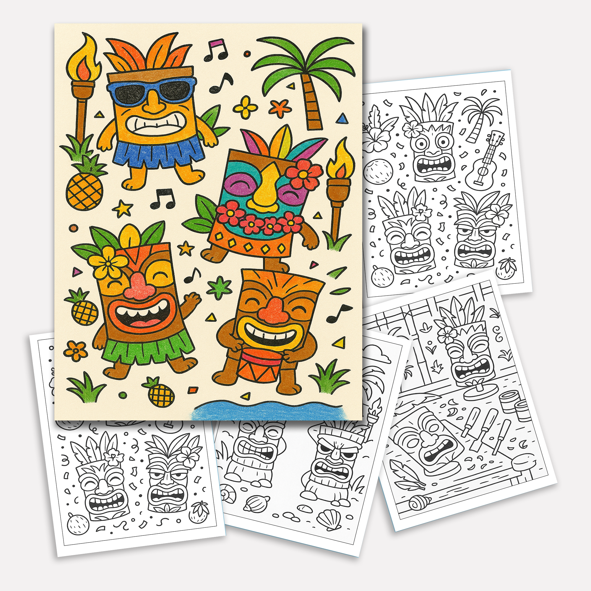 Tiki Party Vibes Coloring Pages – 48 Pages – Fun, Playful, Luau Adventures – For Kids