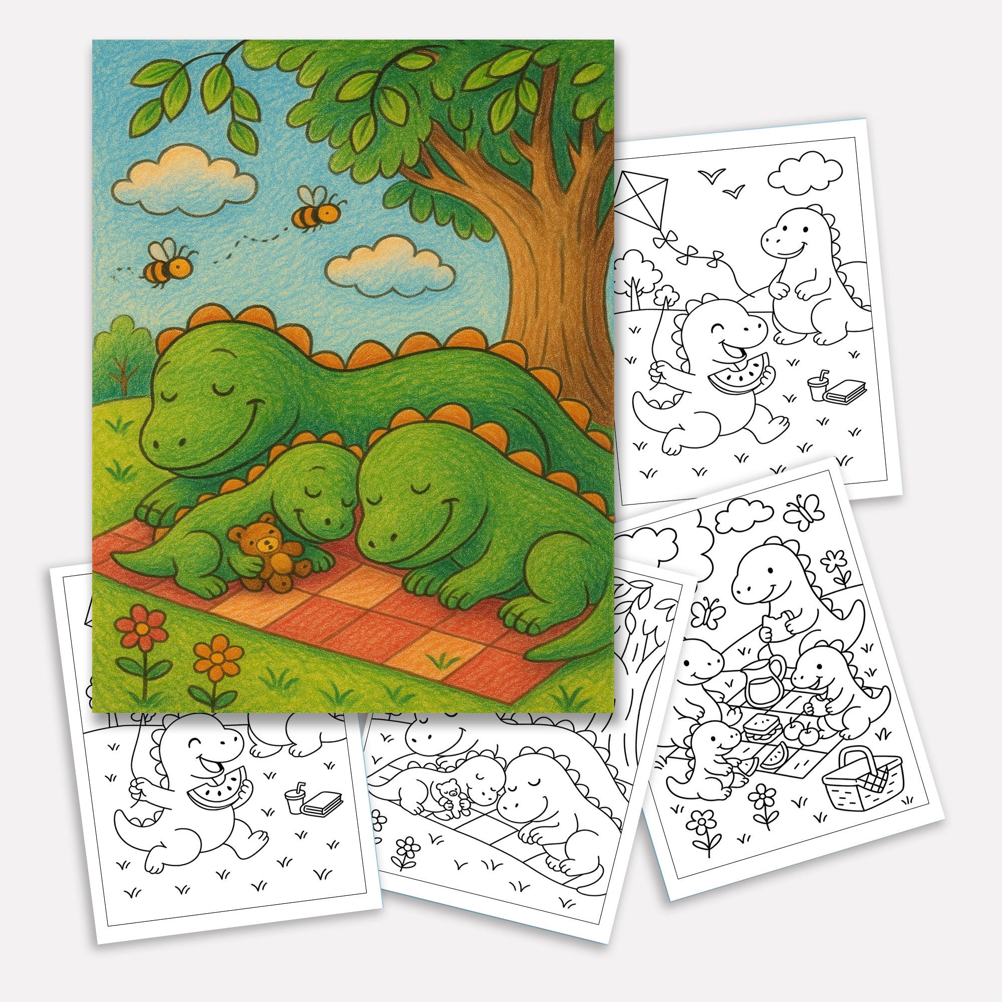 Dino Family Picnic Coloring Pages – 48 Pages – Fun, Cozy, Prehistoric Adventures – For Kids