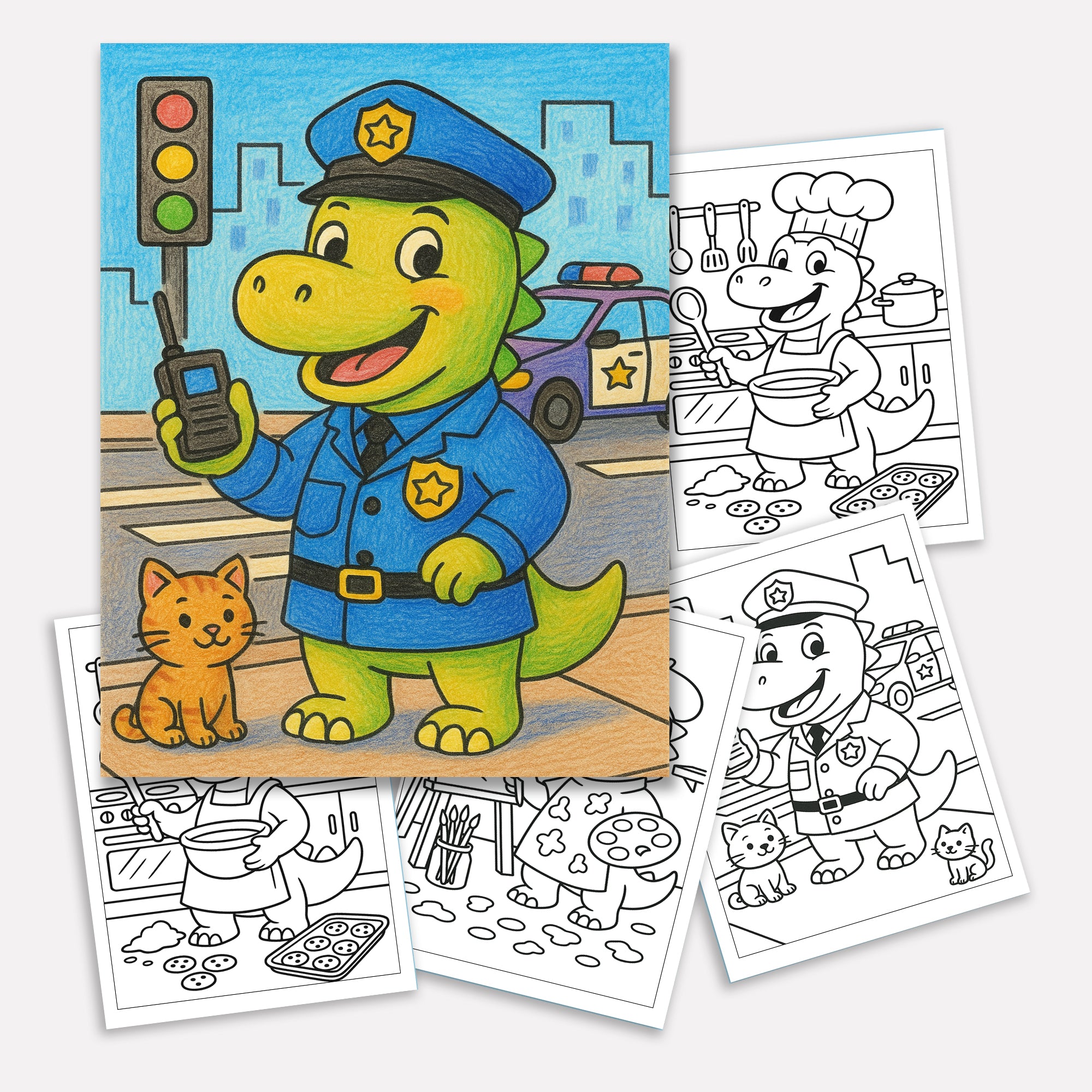 Dino Jobs Adventure Coloring Pages – 48 Pages – Funny, Imaginative, Career-Themed Scenes – For Kids