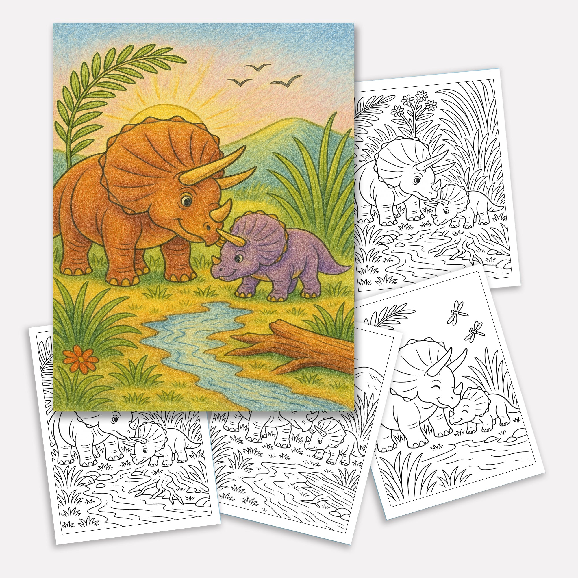 Triceratops Valley Coloring Pages – 48 Pages – Cute, Peaceful, Dinosaur Family Moments – For Kids