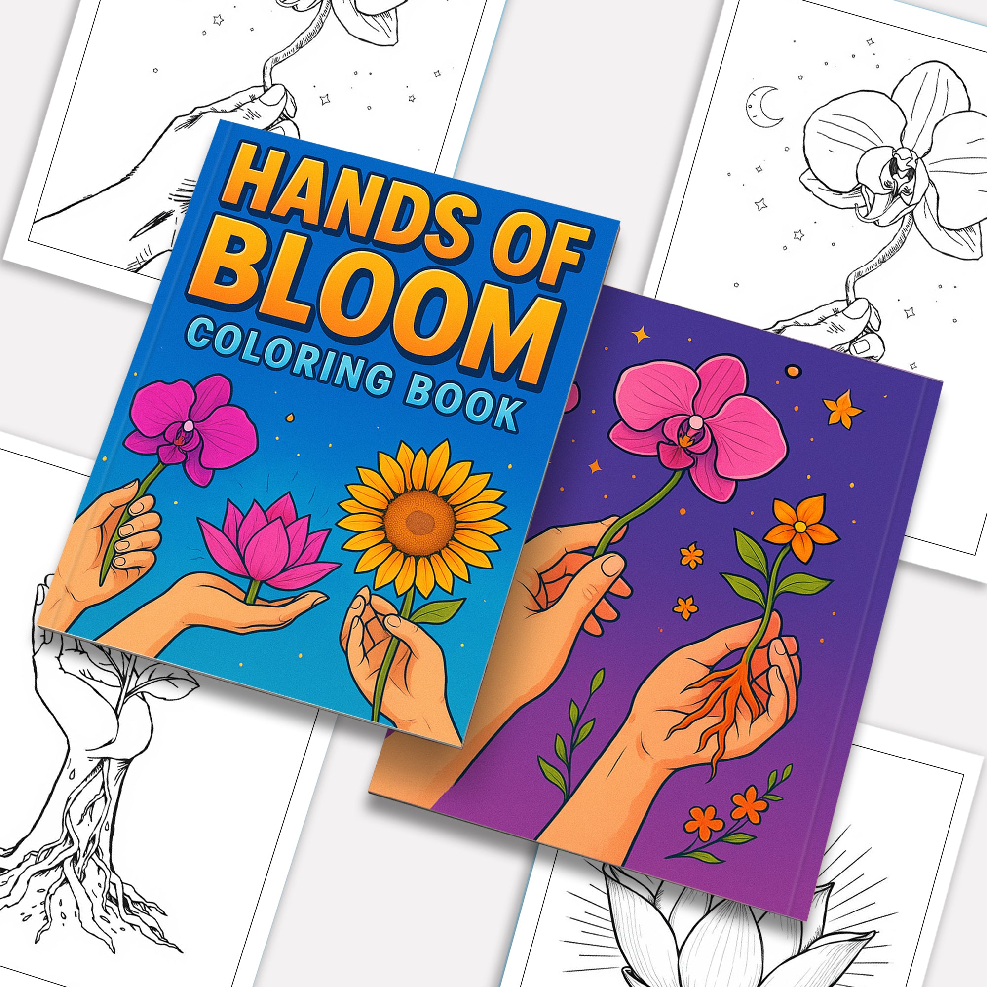 Hands of Bloom – Coloring Pages – 48 Symbolic Floral & Hand Illustrations – For Kids And Adults