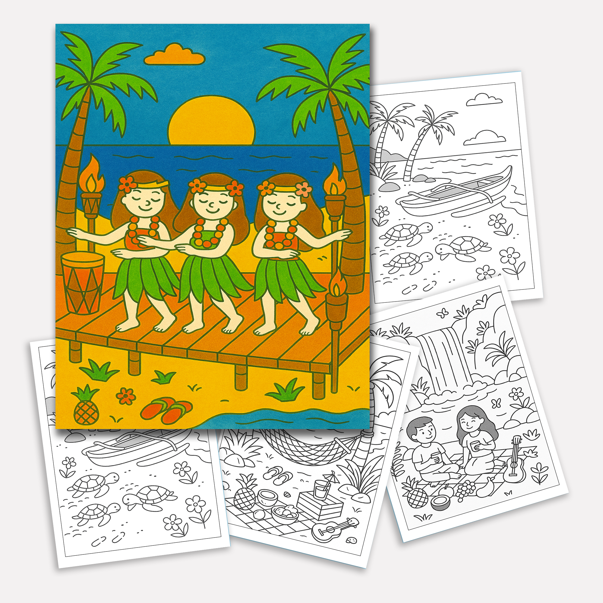 Sunshine & Hula Coloring Pages – 48 Pages – Fun, Tropical, Hawaiian Dances – For Kids
