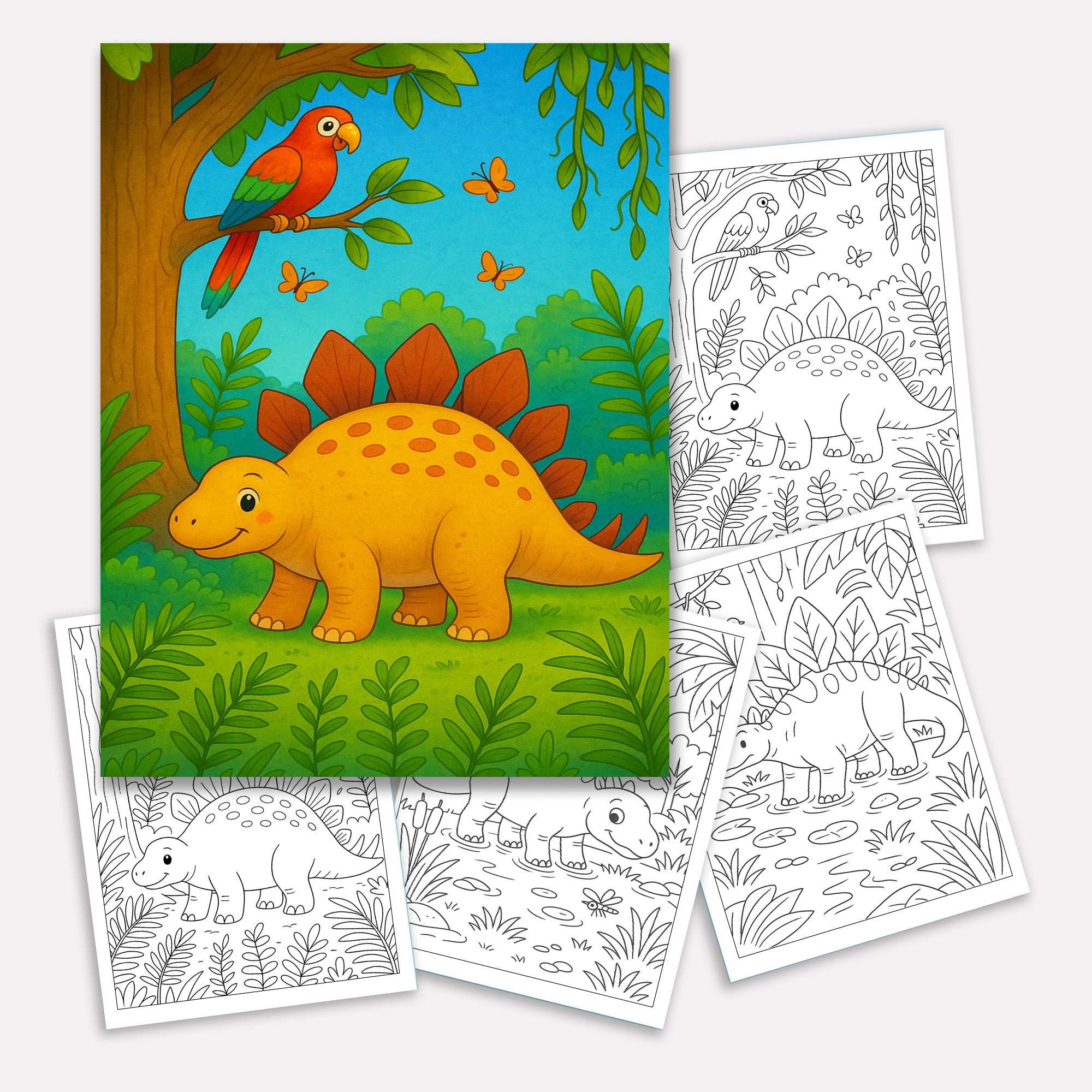 Gentle Dinosaurs in Nature Coloring Pages – 48 Pages – Cute, Calm, Jungle Adventures – For Children