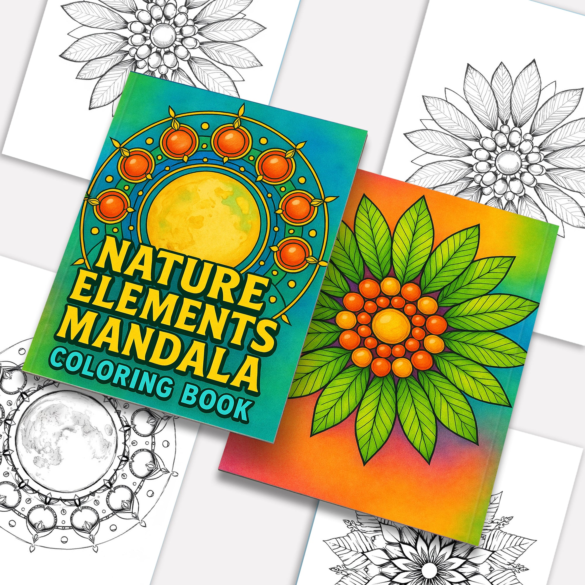 Nature Elements Mandala – Mandala Coloring Pages – 48 Pages – Leaves, Stones, Waves & Celestial Forms – For Adults