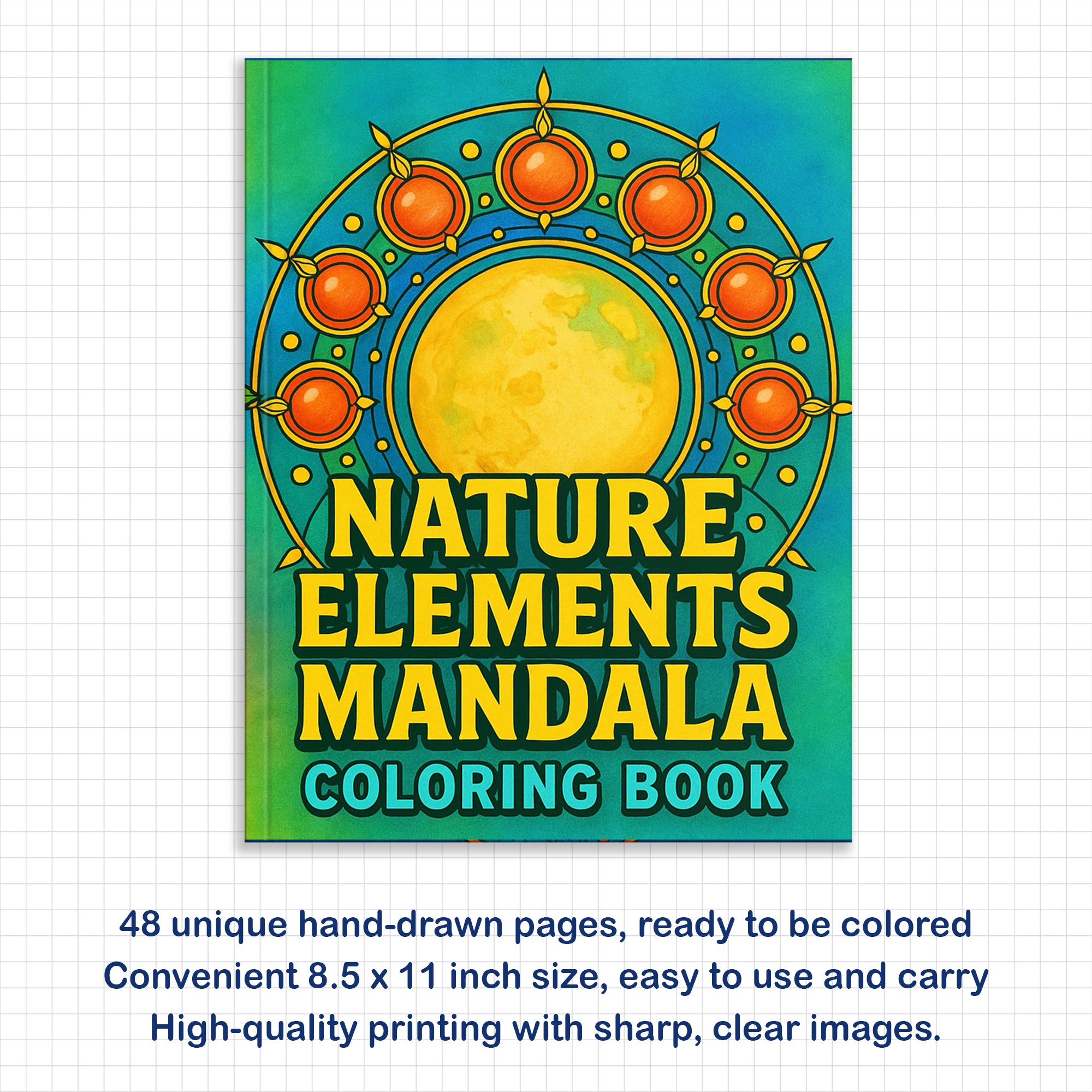 Nature Elements Mandala – Mandala Coloring Pages – 48 Pages – Leaves, Stones, Waves & Celestial Forms – For Adults