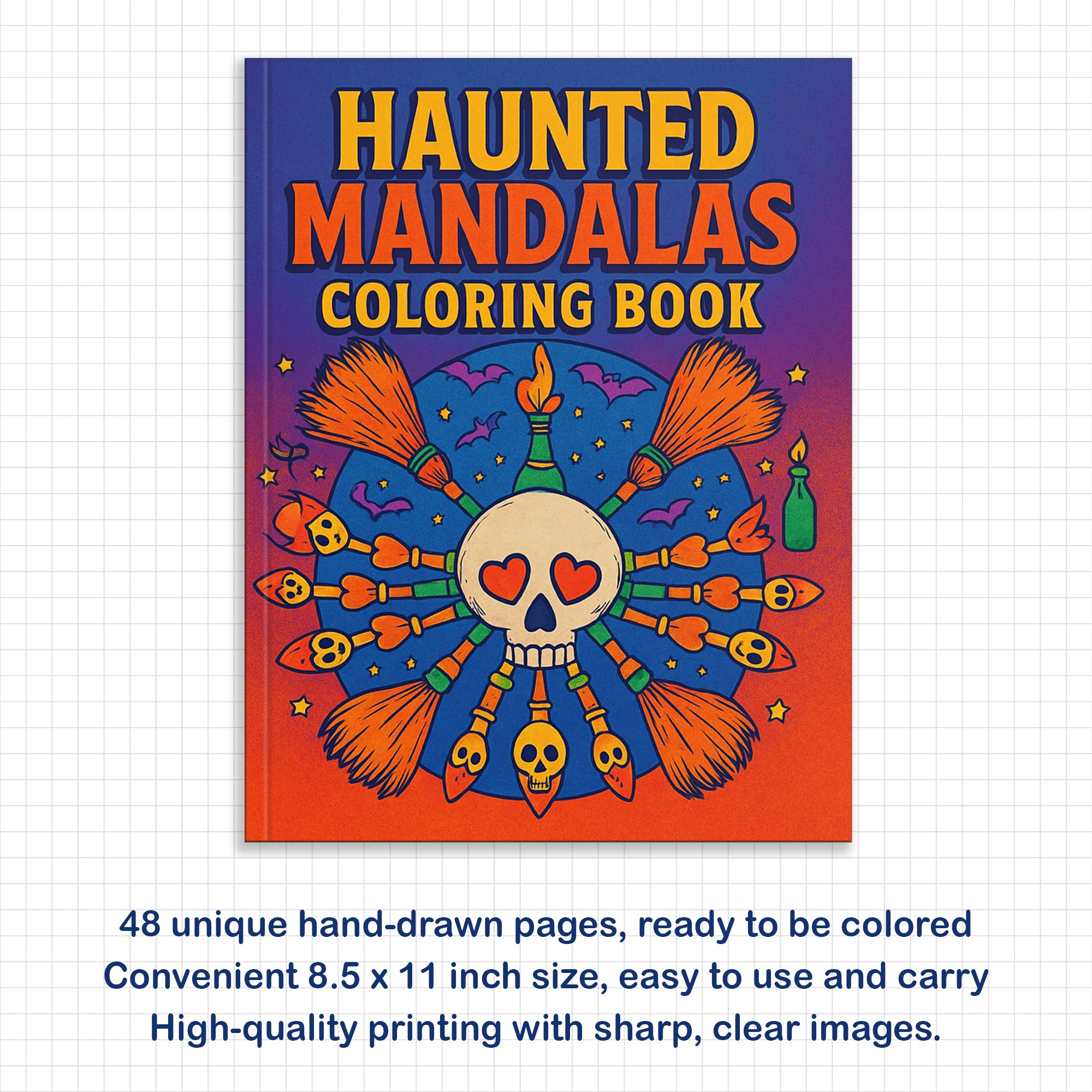 Haunted Mandalas – Mandala Coloring Pages – 48 Pages – Pumpkins, Bats, Skulls & Witchy Symbols – For Adults and Teens
