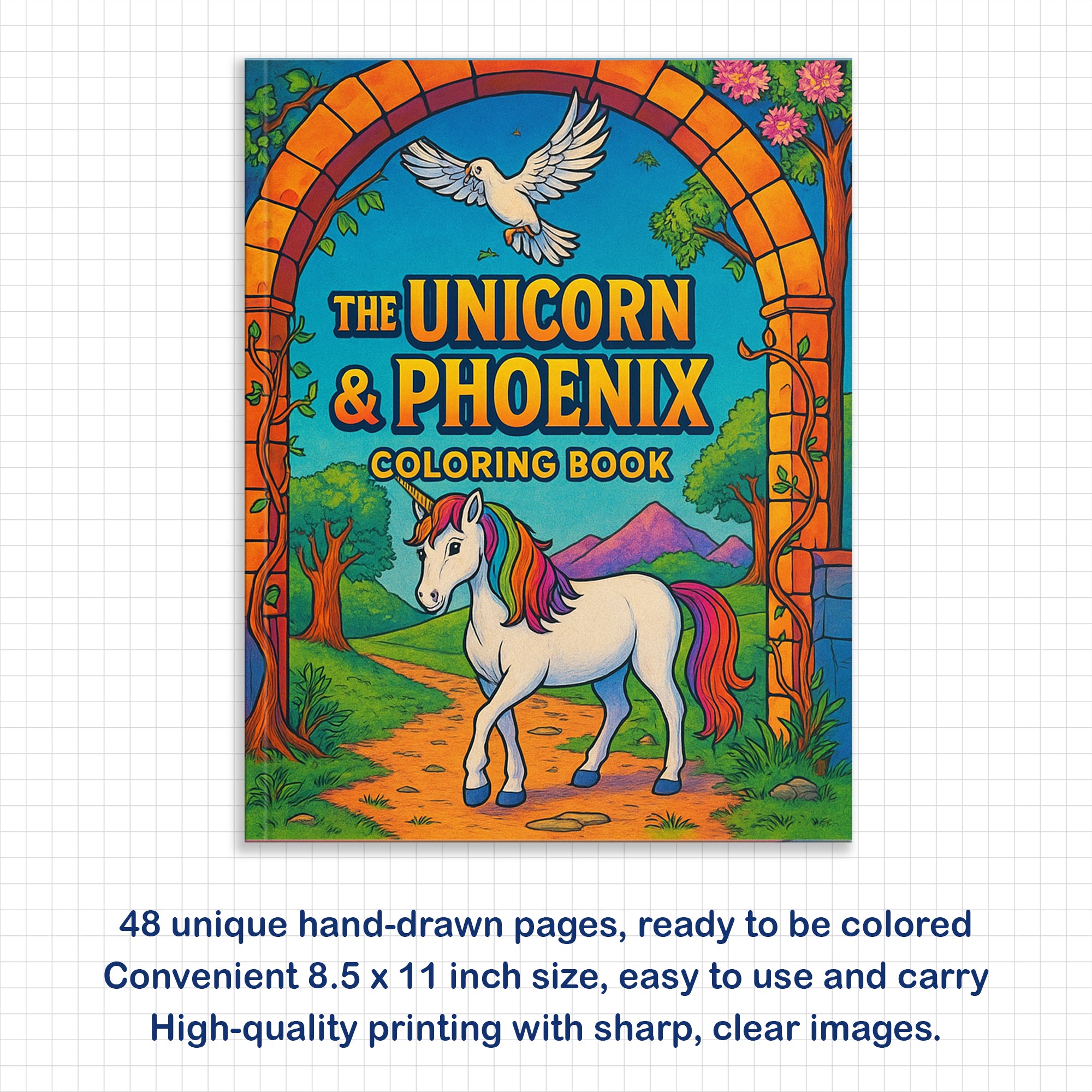 The Unicorn & Phoenix – Coloring Pages – 48 Mythical Journey Scenes – For Kids and Adults