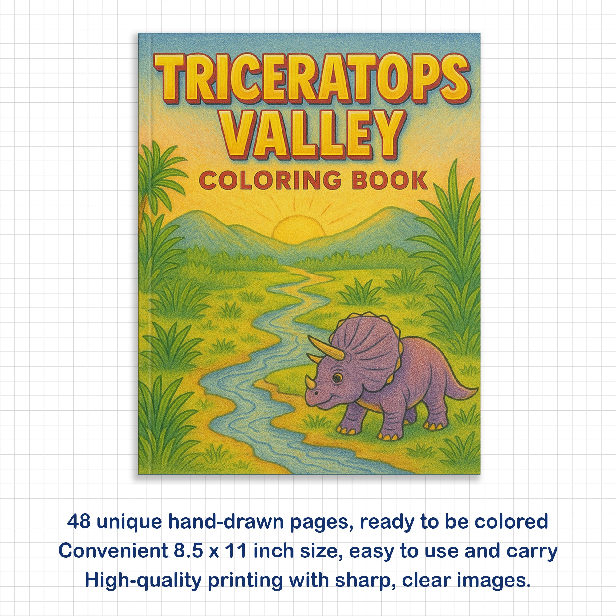 Triceratops Valley Coloring Pages – 48 Pages – Cute, Peaceful, Dinosaur Family Moments – For Kids