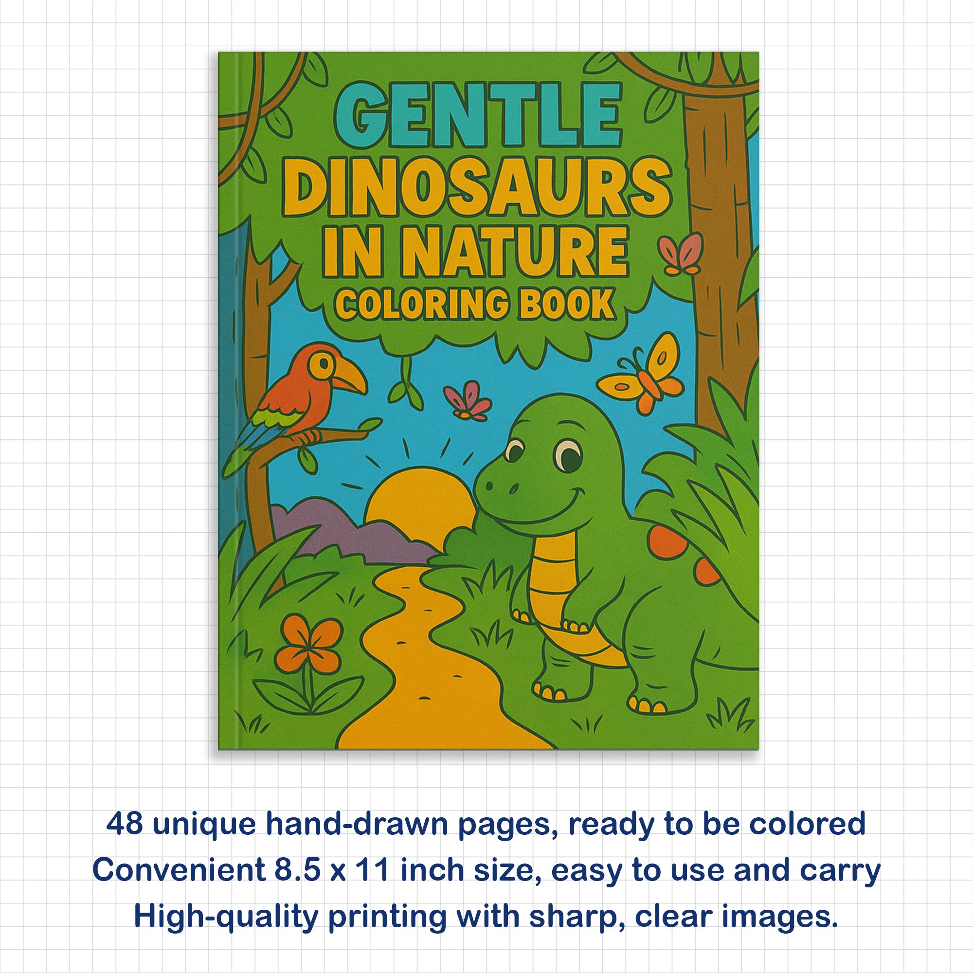 Gentle Dinosaurs in Nature Coloring Pages – 48 Pages – Cute, Calm, Jungle Adventures – For Children