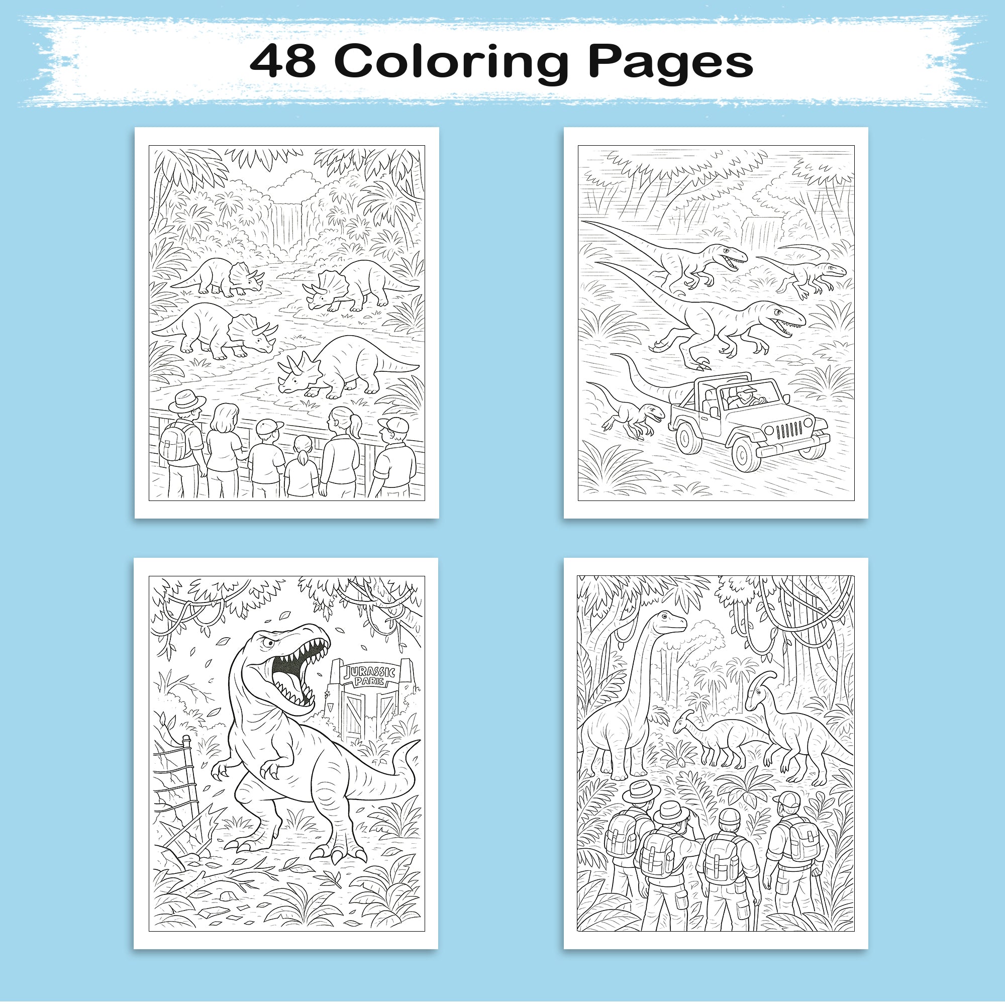 Jurassic Park Adventures – Dinosaur Coloring Pages – 48 Pages – Exciting, Wild, Prehistoric Fun – For Kids