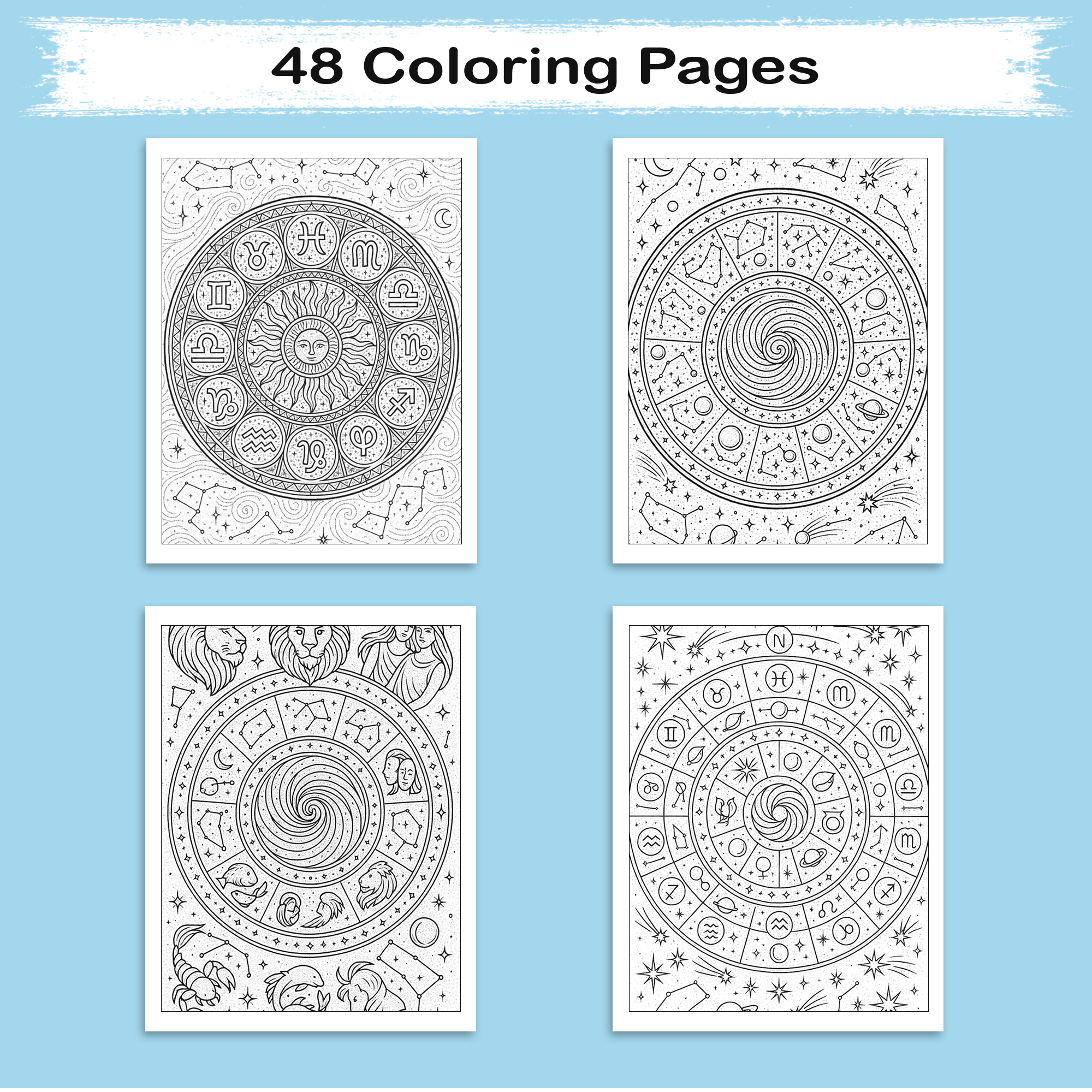 Zodiac Mandalas of the Cosmos Coloring Pages – 48 Celestial Astrology Designs for Adults