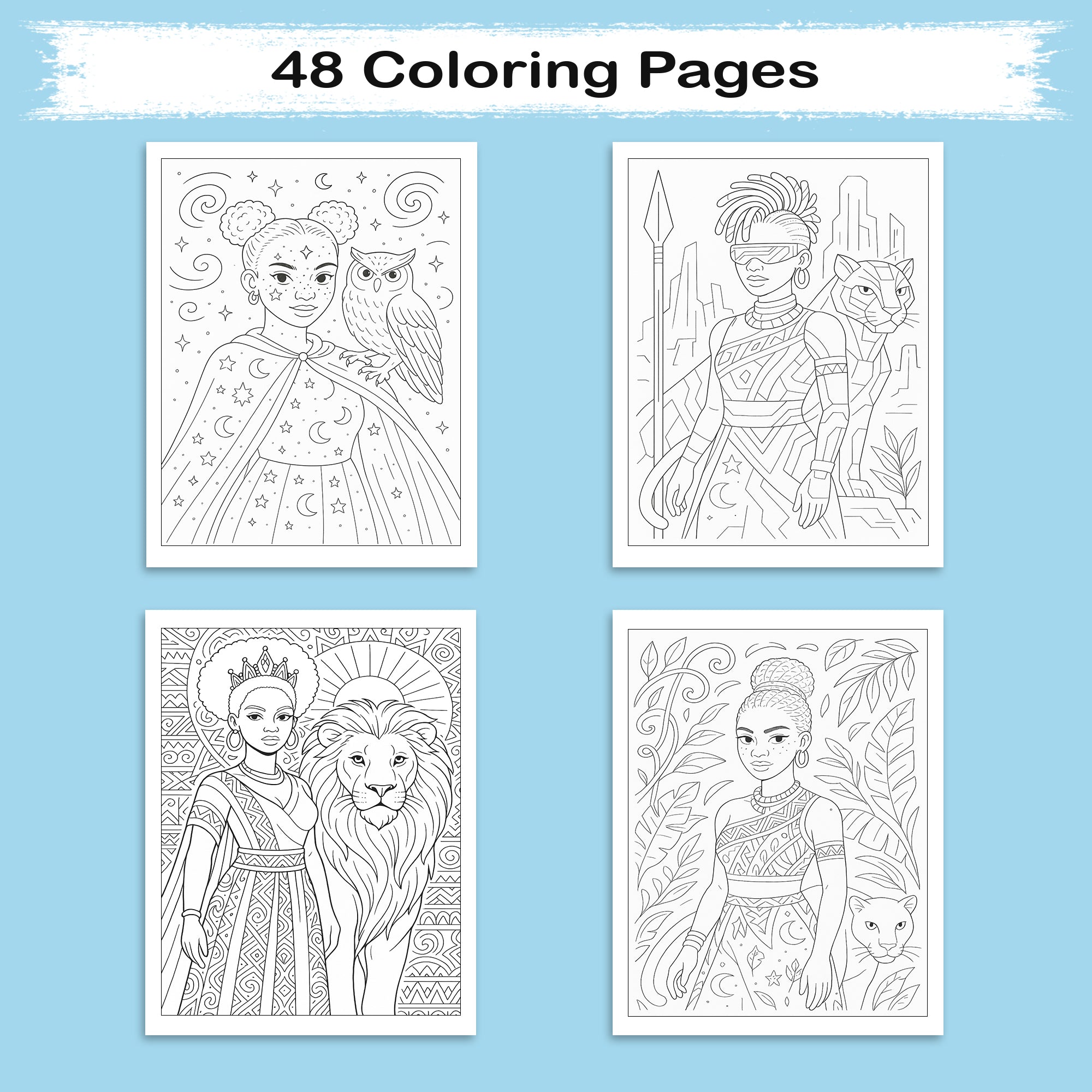 Afrofuturistic Queens Coloring Pages – 48 Pages – Futuristic, Powerful, Black Girl Magic – For Adults