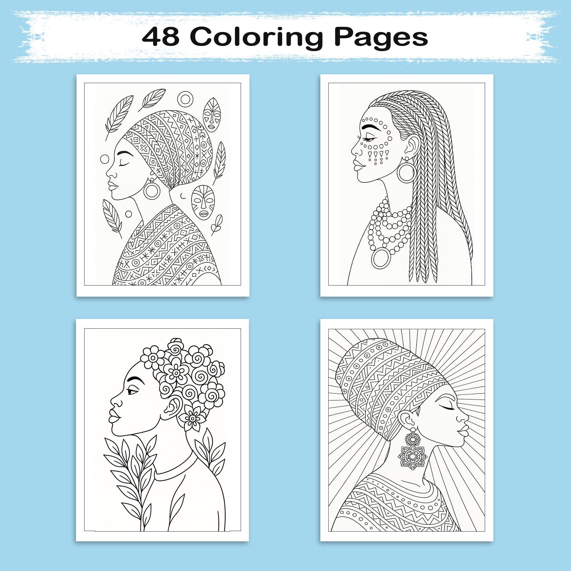 Cultural Elegance Coloring Pages – 48 Pages – Intricate Patterns, Regal Women, Global Style – For Adults