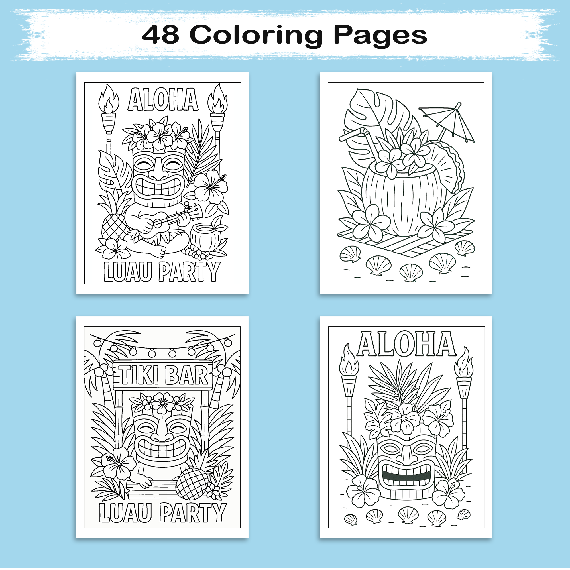 Aloha Tiki Party Coloring Pages for Kids – 48 Fun Island Designs