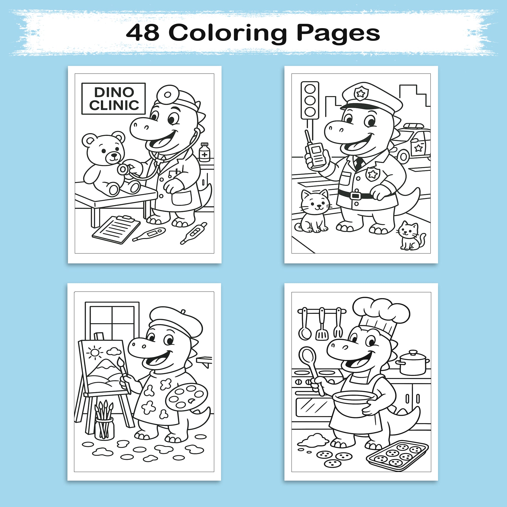 Dino Jobs Adventure Coloring Pages – 48 Pages – Funny, Imaginative, Career-Themed Scenes – For Kids