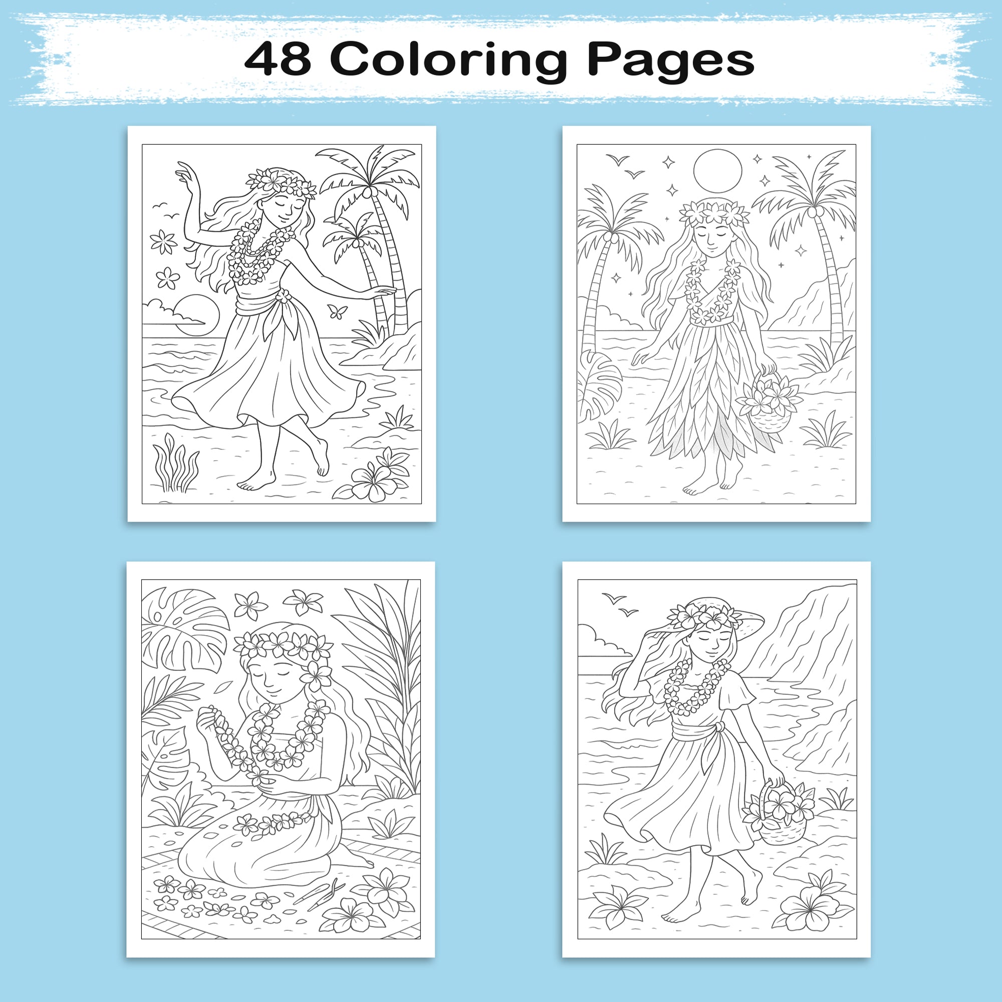 Island Girls of Hawaii Coloring Pages – 48 Tropical Portraits of Graceful Women & Scenic Views - For Adults