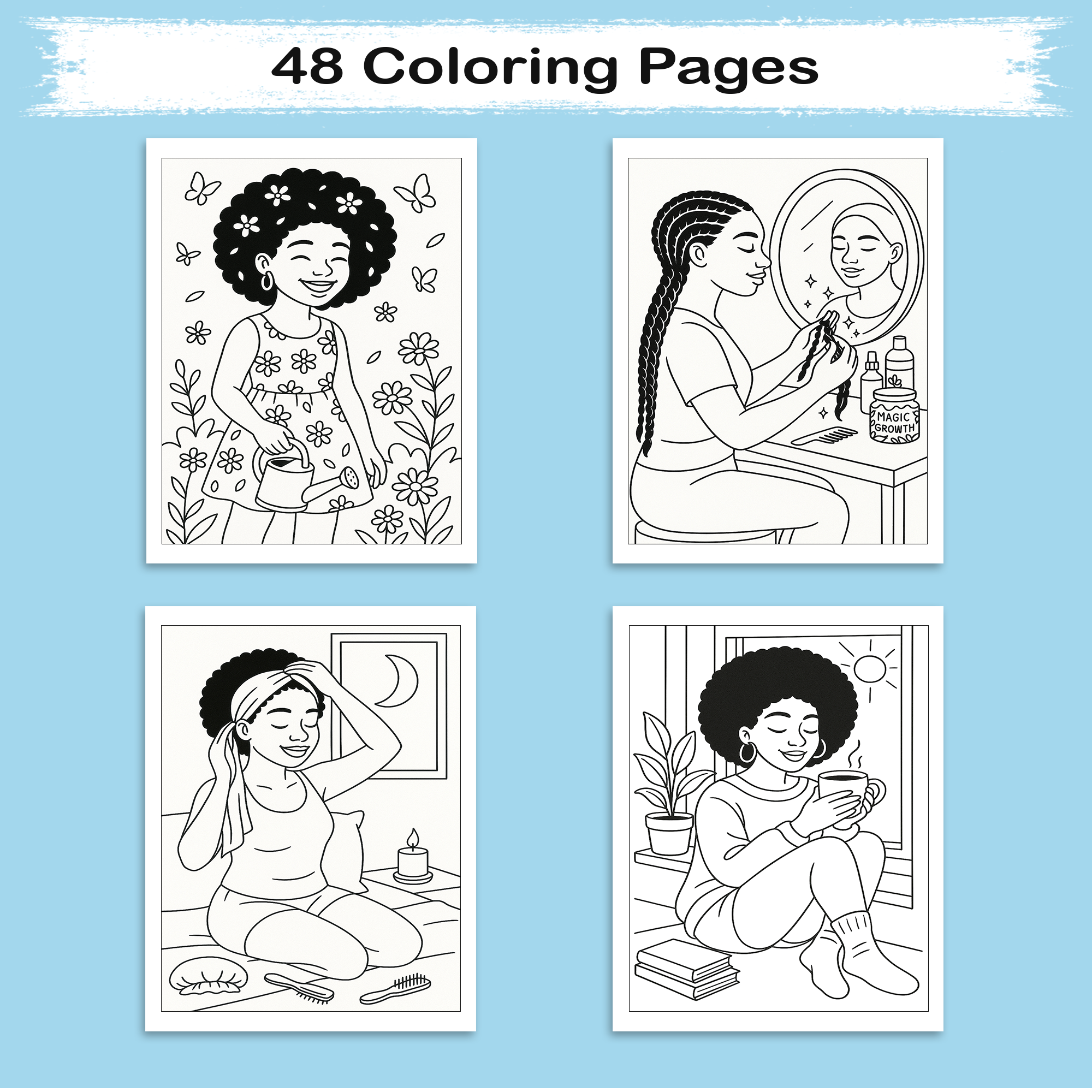 Natural Hair Magic Coloring Pages – 48 Empowering Portraits Celebrating Curls, Braids, and Black Beauty