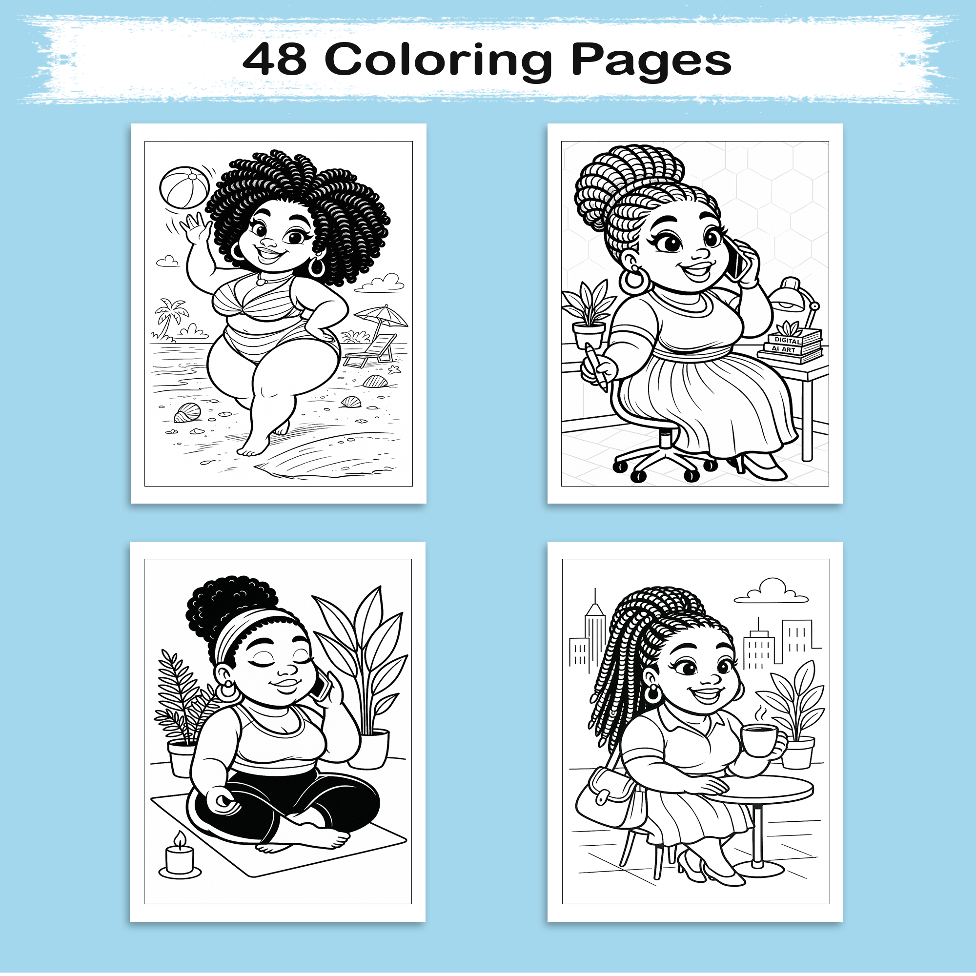 Afro Cuties at Their Best Coloring Pages – 48 Pages – Cute, Empowering, Everyday Joy – For Adults