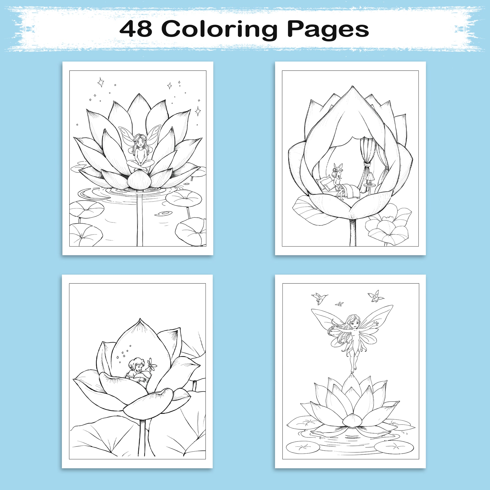 Fairies of the Lotus Bloom – Coloring Pages – 48 Magical Flower Scenes – For Kids and Adults
