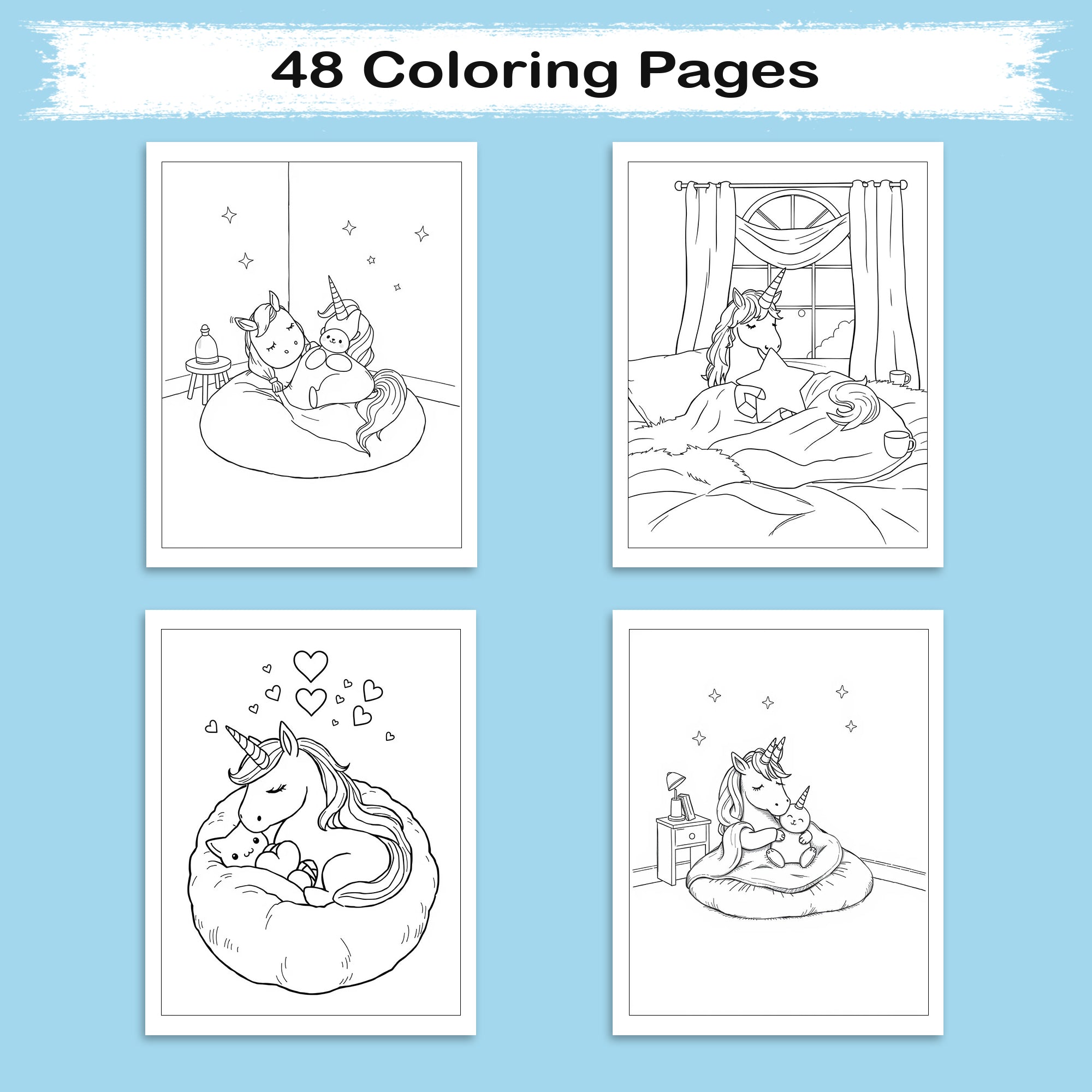 Cozy Unicorn Dreams – Unicorn Coloring Pages – 48 Pages – Snuggly, Sleepytime, Magical Moments – For Kids