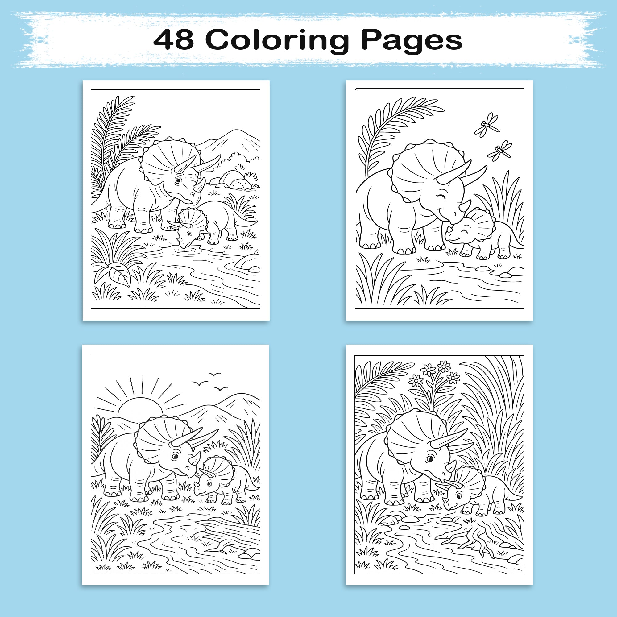 Triceratops Valley Coloring Pages – 48 Pages – Cute, Peaceful, Dinosaur Family Moments – For Kids