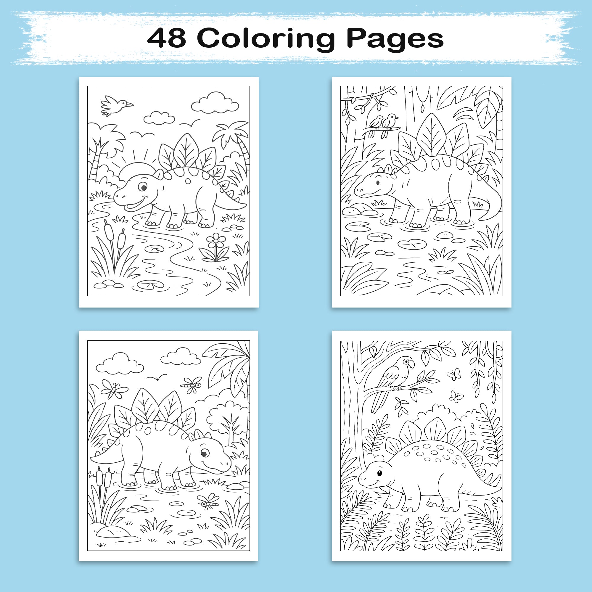 Gentle Dinosaurs in Nature Coloring Pages – 48 Pages – Cute, Calm, Jungle Adventures – For Children