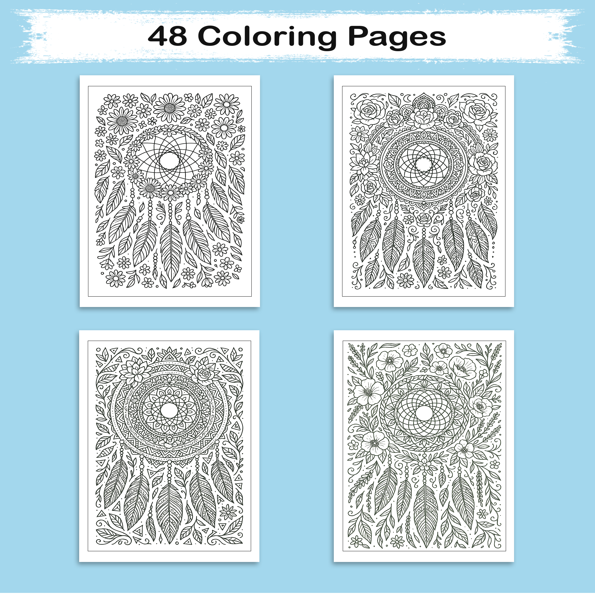 Dreamcatcher Bloom Mandalas Coloring Pages – 48 Intricate Boho Floral Designs for Adults