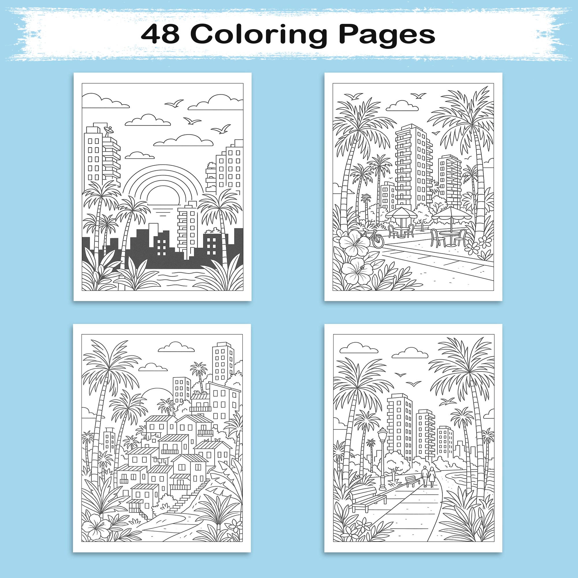 Hawaii Cityscapes & Sunsets – Hawaii Coloring Pages – 48 Pages – Tropical Urban Scenes, Sunset Views – For Adults