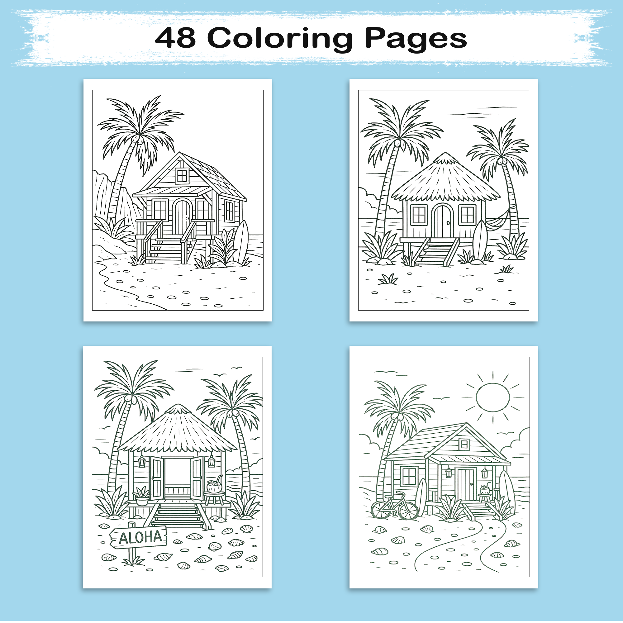 Cozy Island Life Coloring Pages – 48 Pages – Chill, Peaceful, Tropical Moments – For Adults