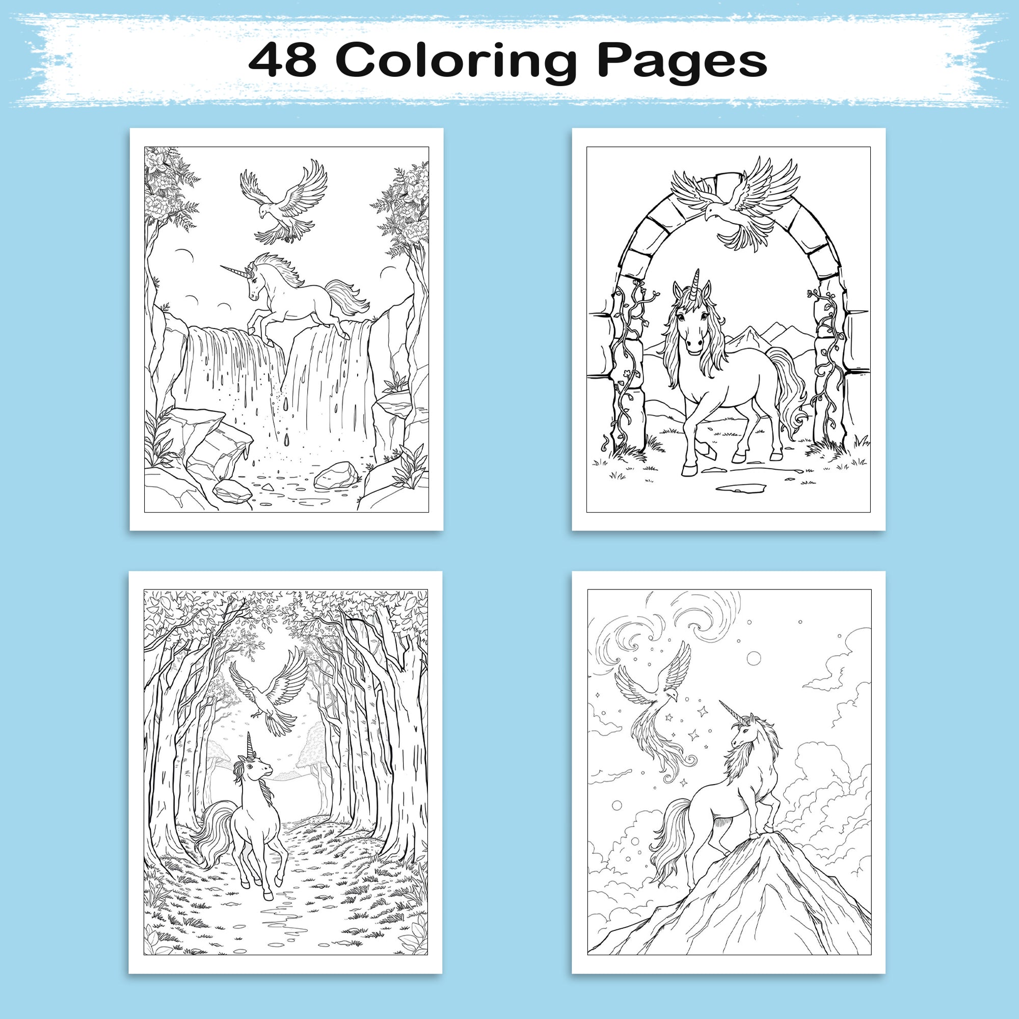 The Unicorn & Phoenix – Coloring Pages – 48 Mythical Journey Scenes – For Kids and Adults